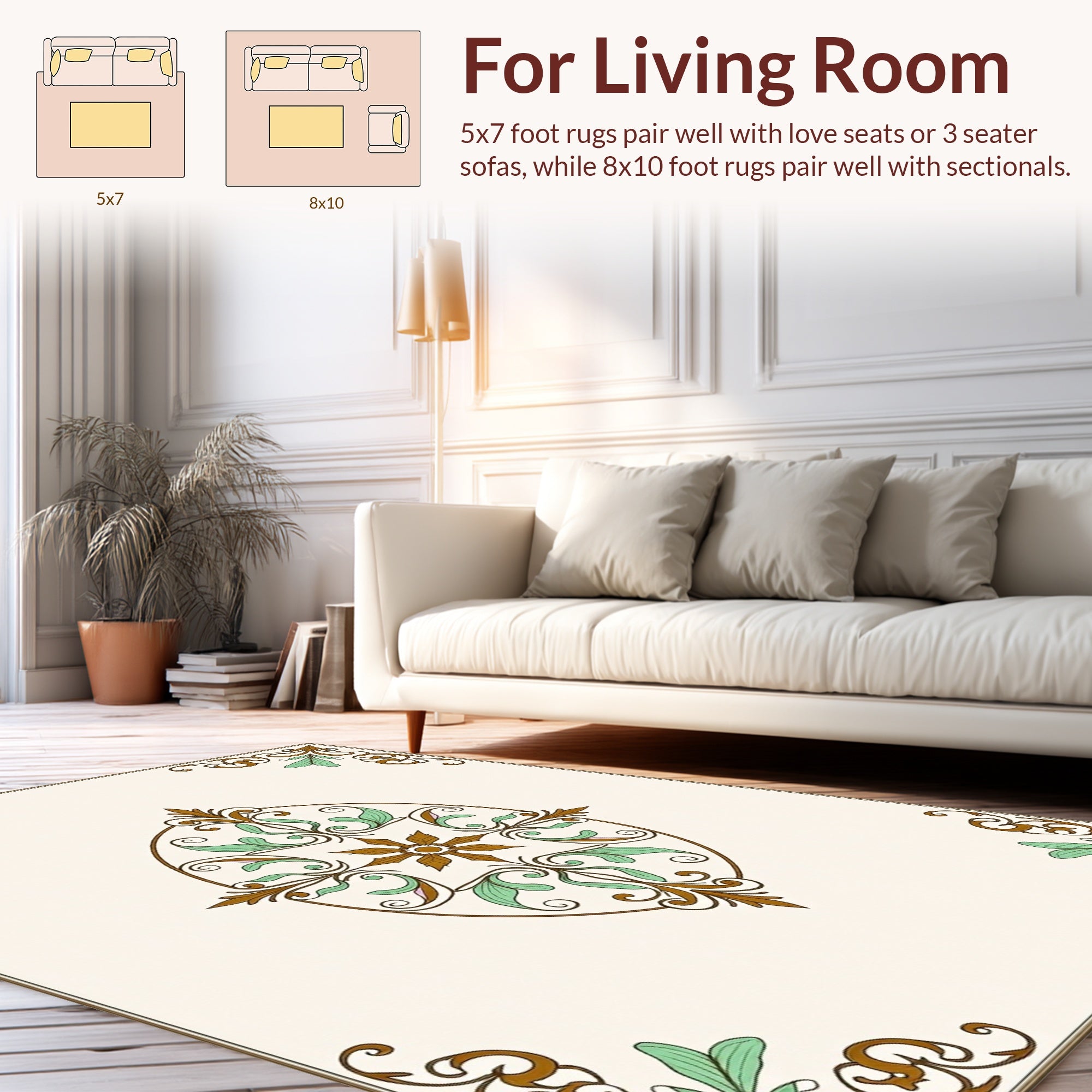 Brown Green Floral Scroll Medallion Rug