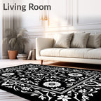 Black White Floral Scroll Medallion Rug