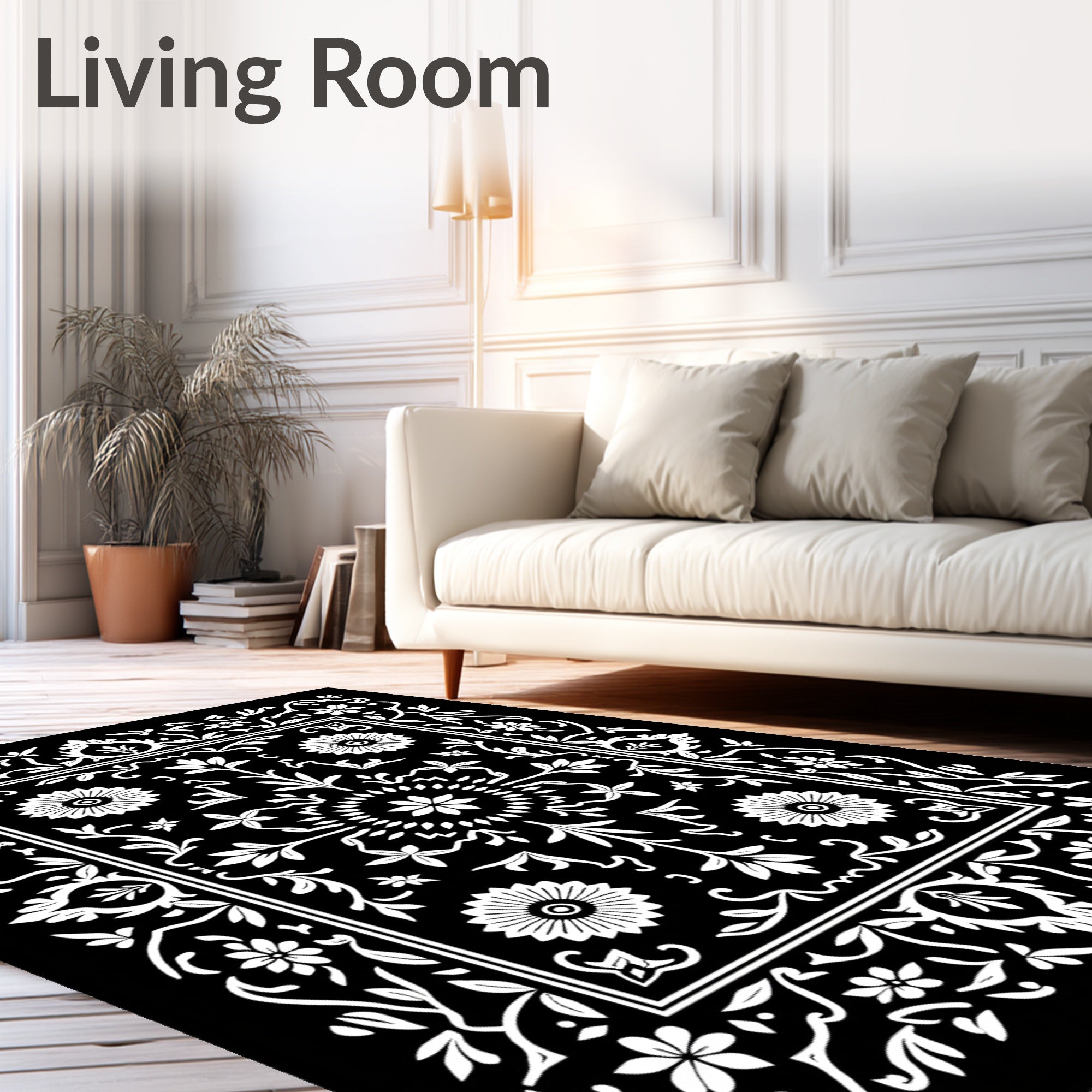 Black White Floral Scroll Medallion Rug