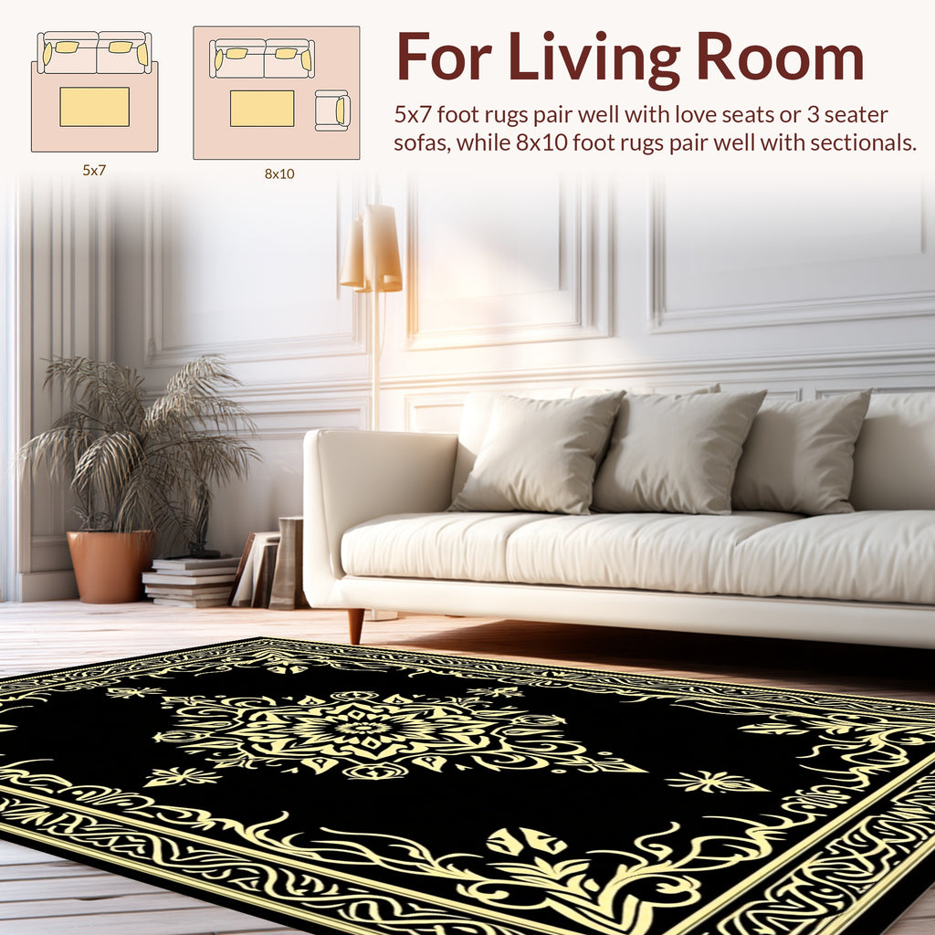 Elegant Black Gold Floral Motif Rug