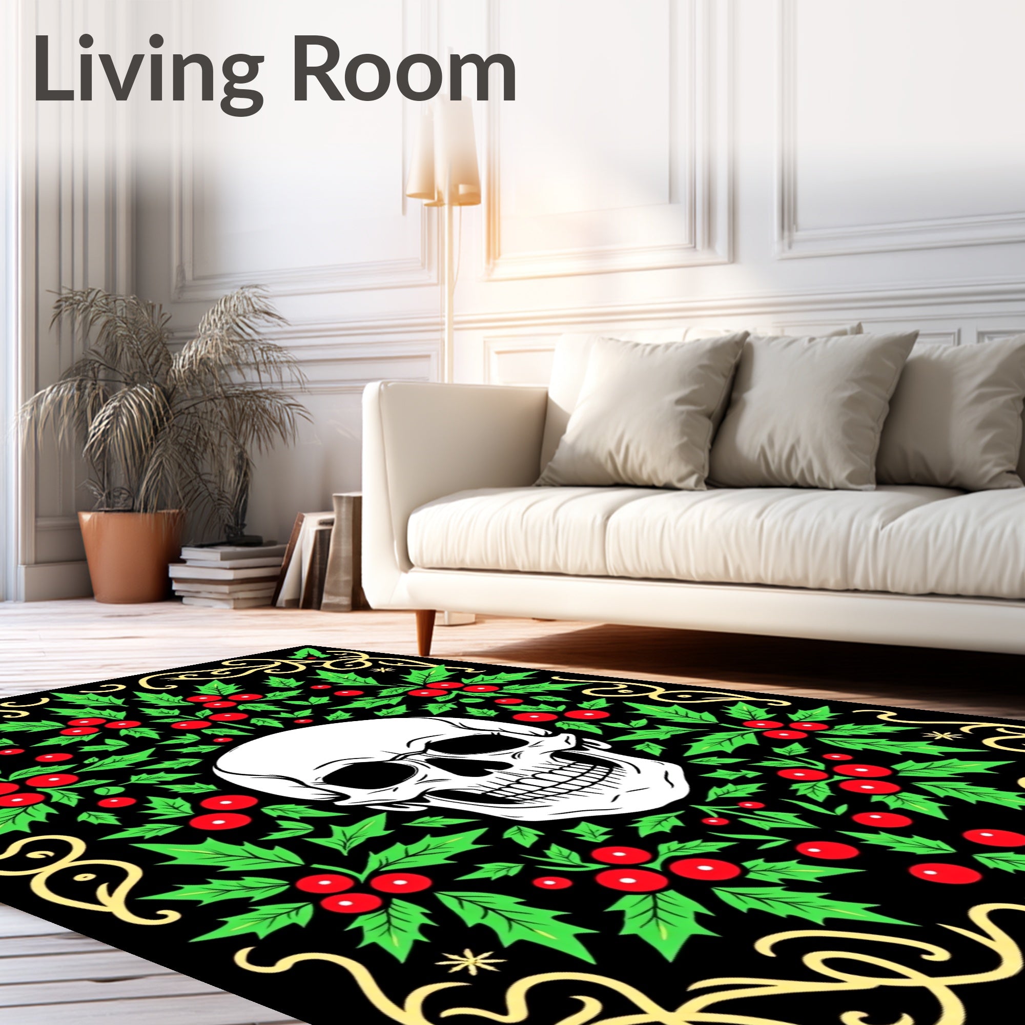 Black Holly Skull Gothic Ornament Rug