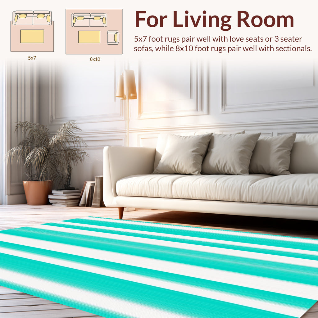 Bold Teal White Stripe Pattern Rug