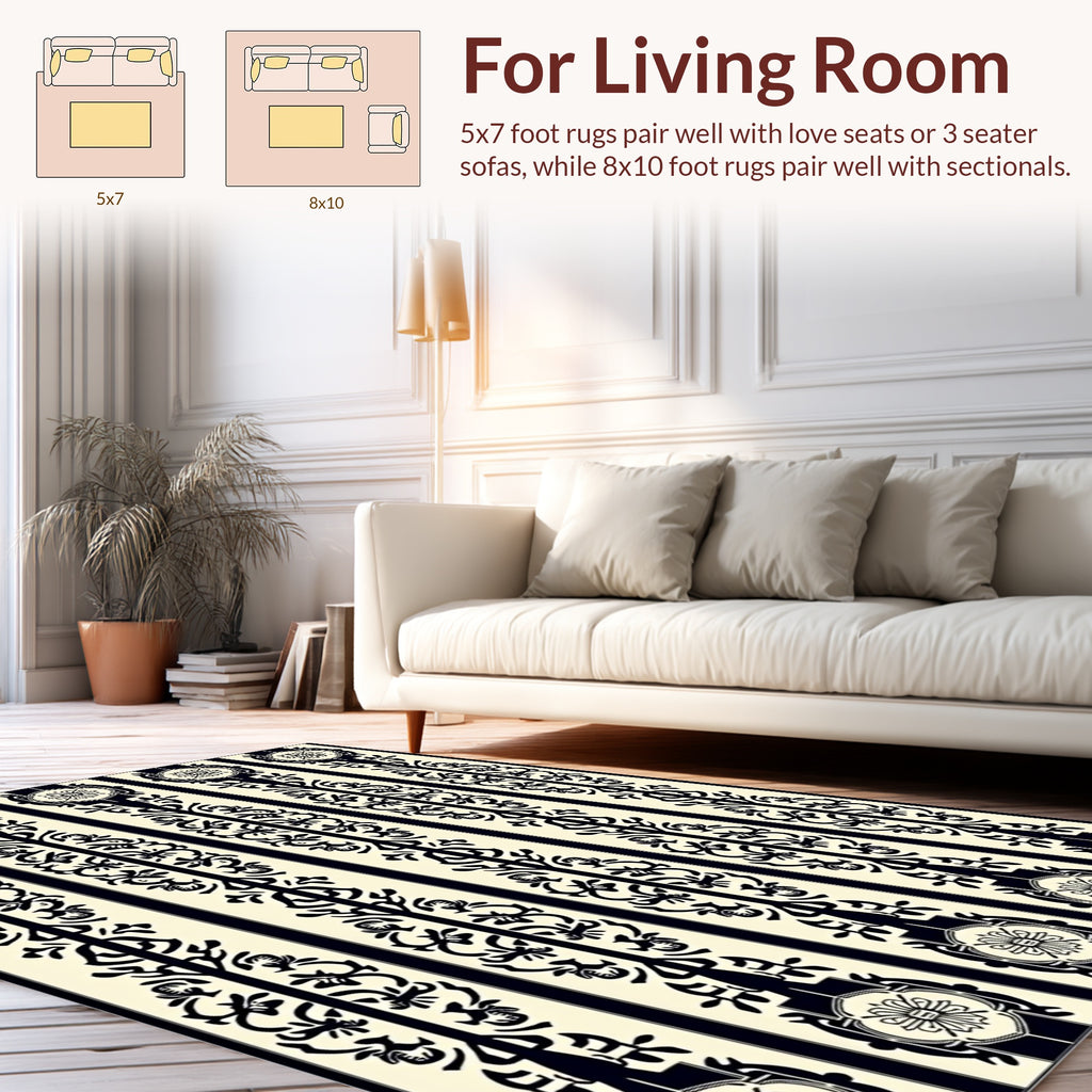 Vintage Black Floral Stripe Pattern Rug
