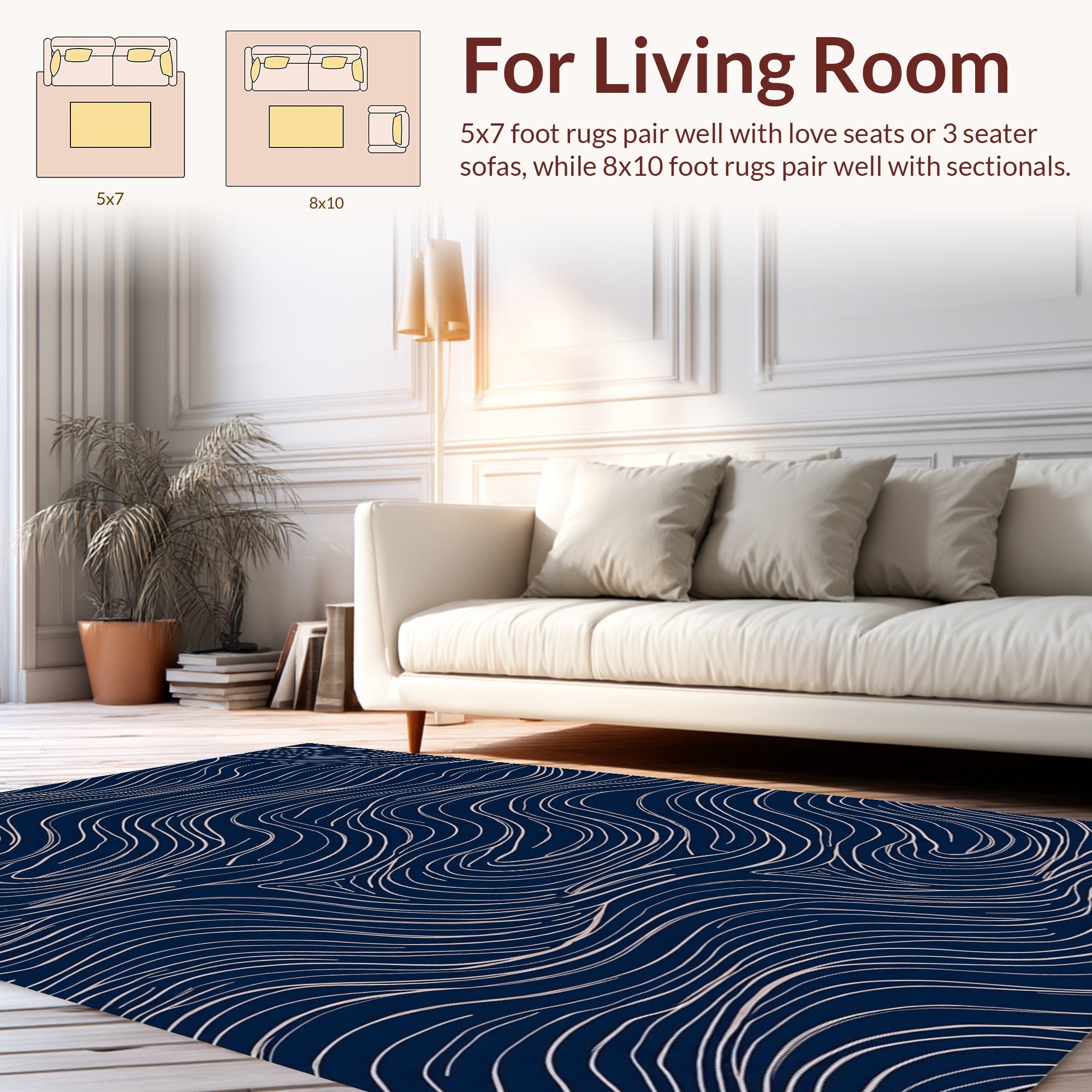 Modern Navy Wavy Line Pattern Rug