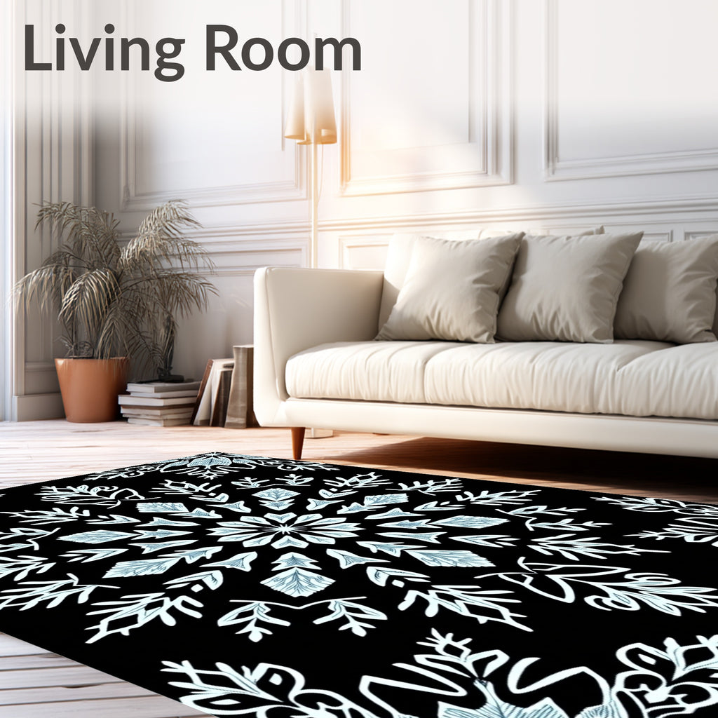 Light Blue Snowflake Mandala Black Rug
