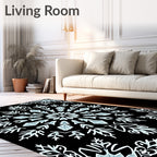 Light Blue Snowflake Mandala Black Rug
