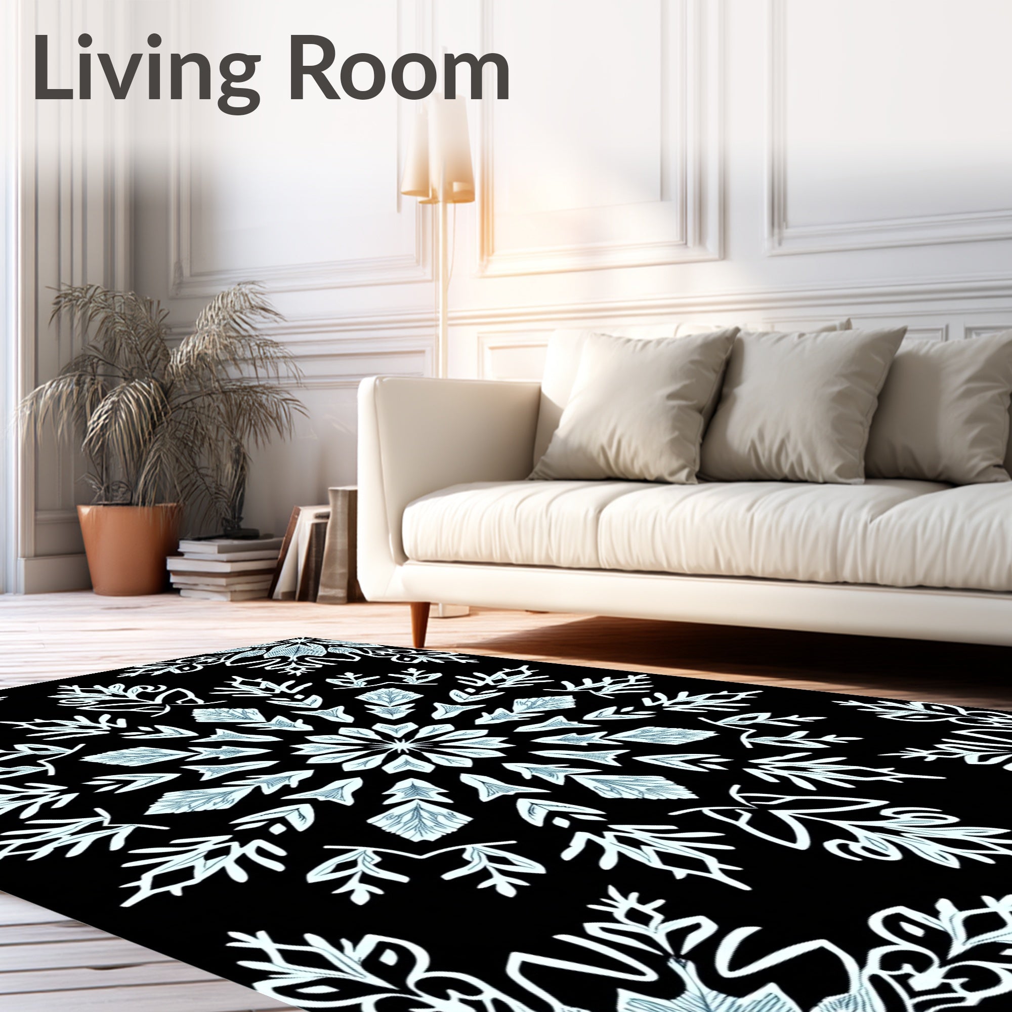 Light Blue Snowflake Mandala Black Rug