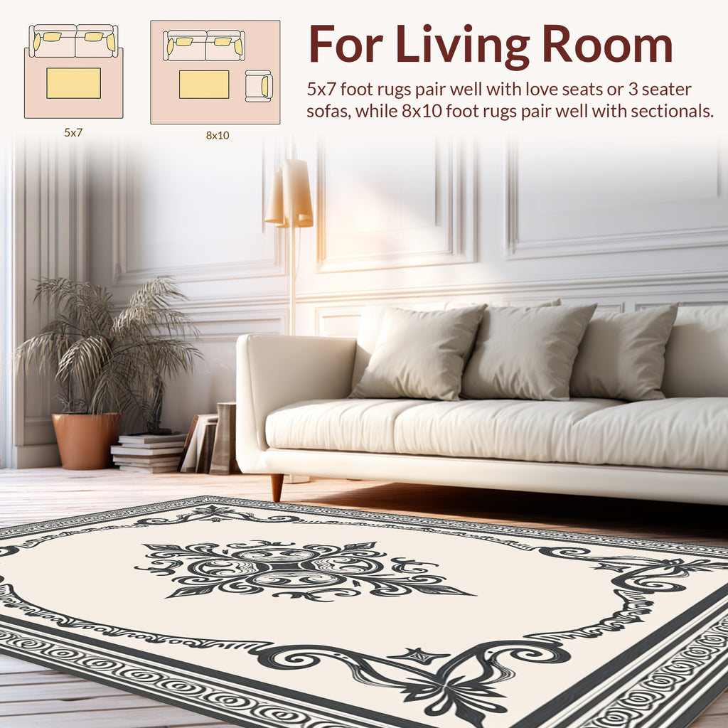 Intricate Black Floral Scrollwork Rug