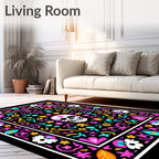 Black Skull Floral Folk Art Rug