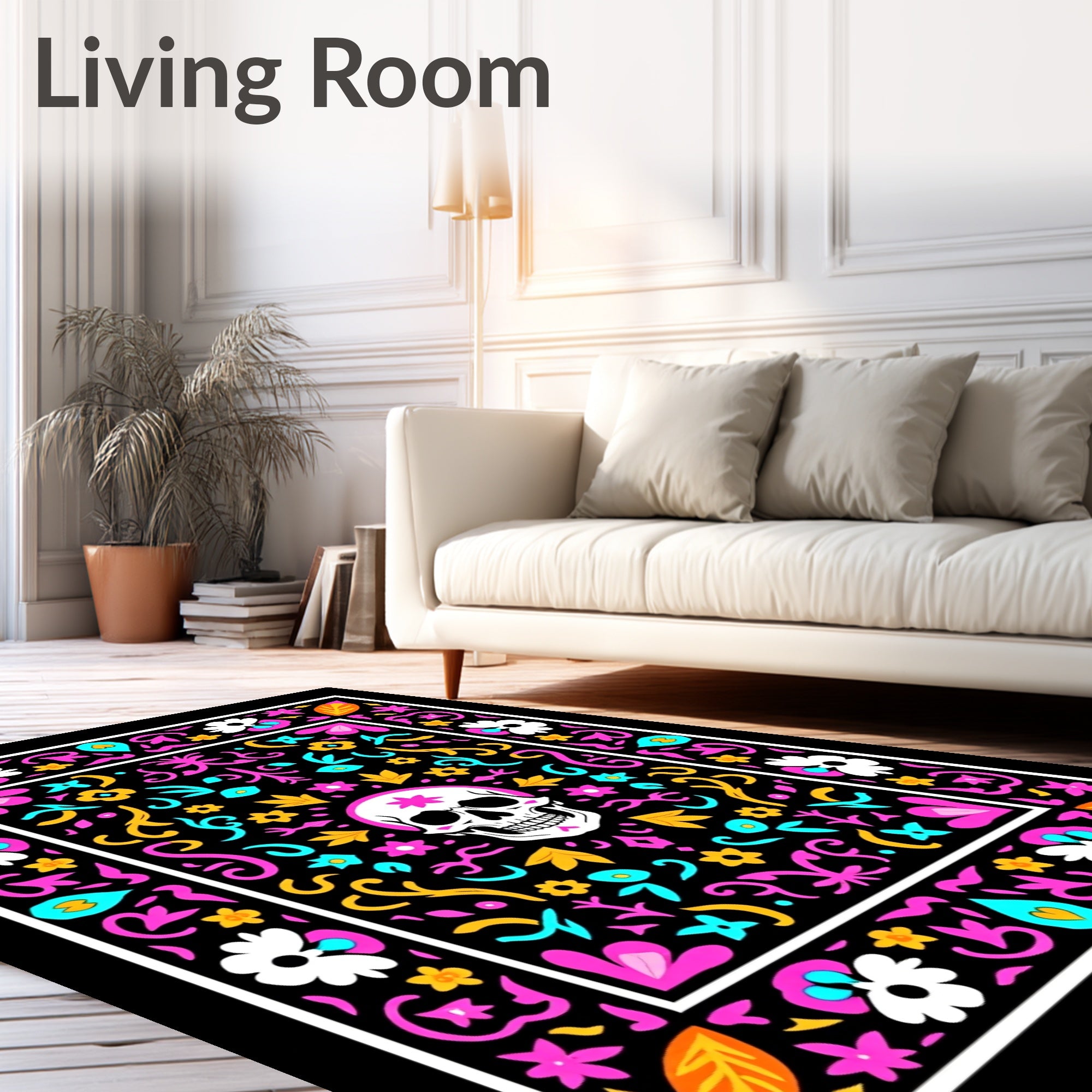 Black Skull Floral Folk Art Rug