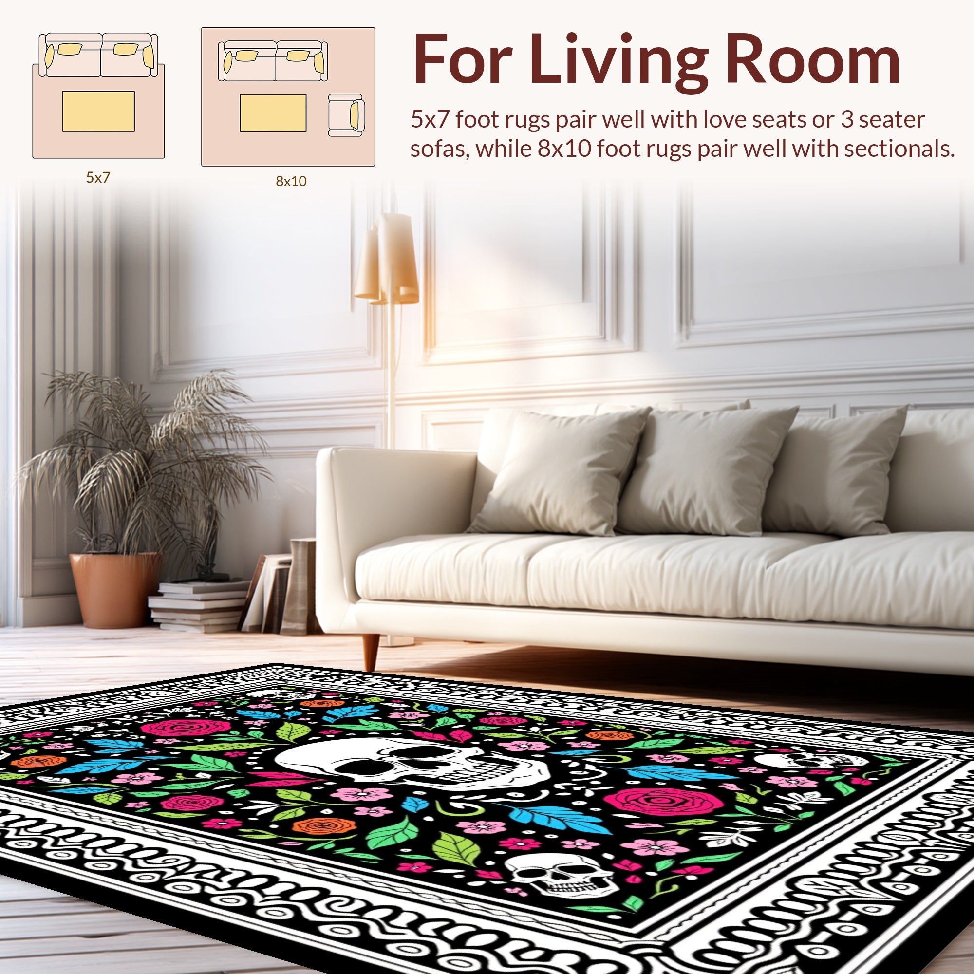 Skulls Floral Pattern Rug