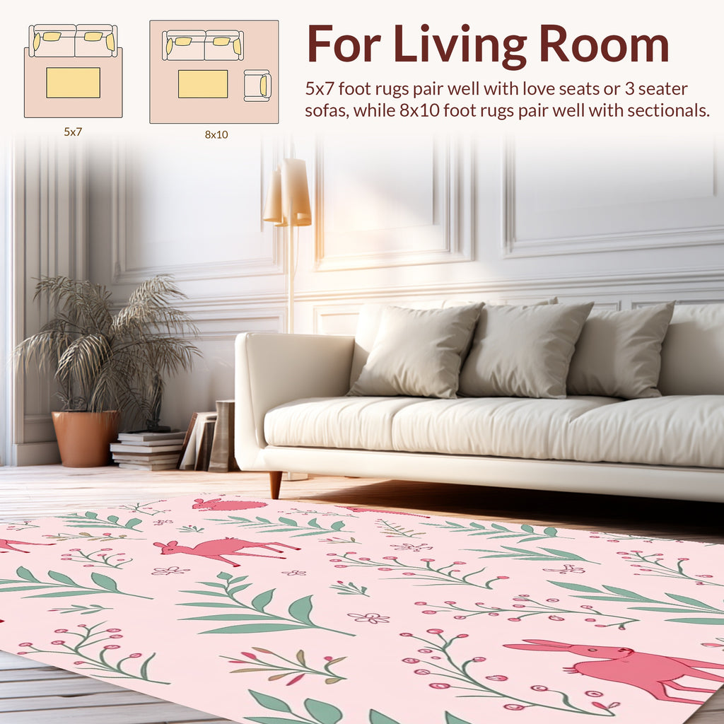 Cute Pink Bunny Floral Pattern Rug