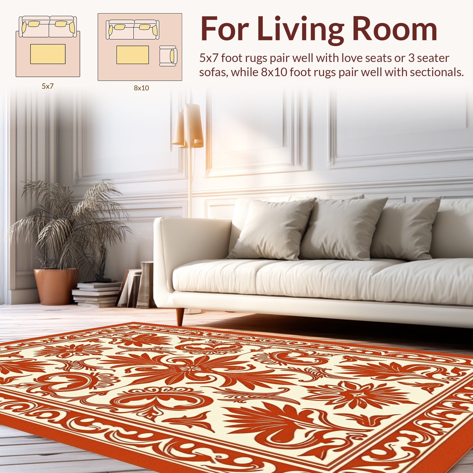 Red Cream Floral Damask Pattern Rug