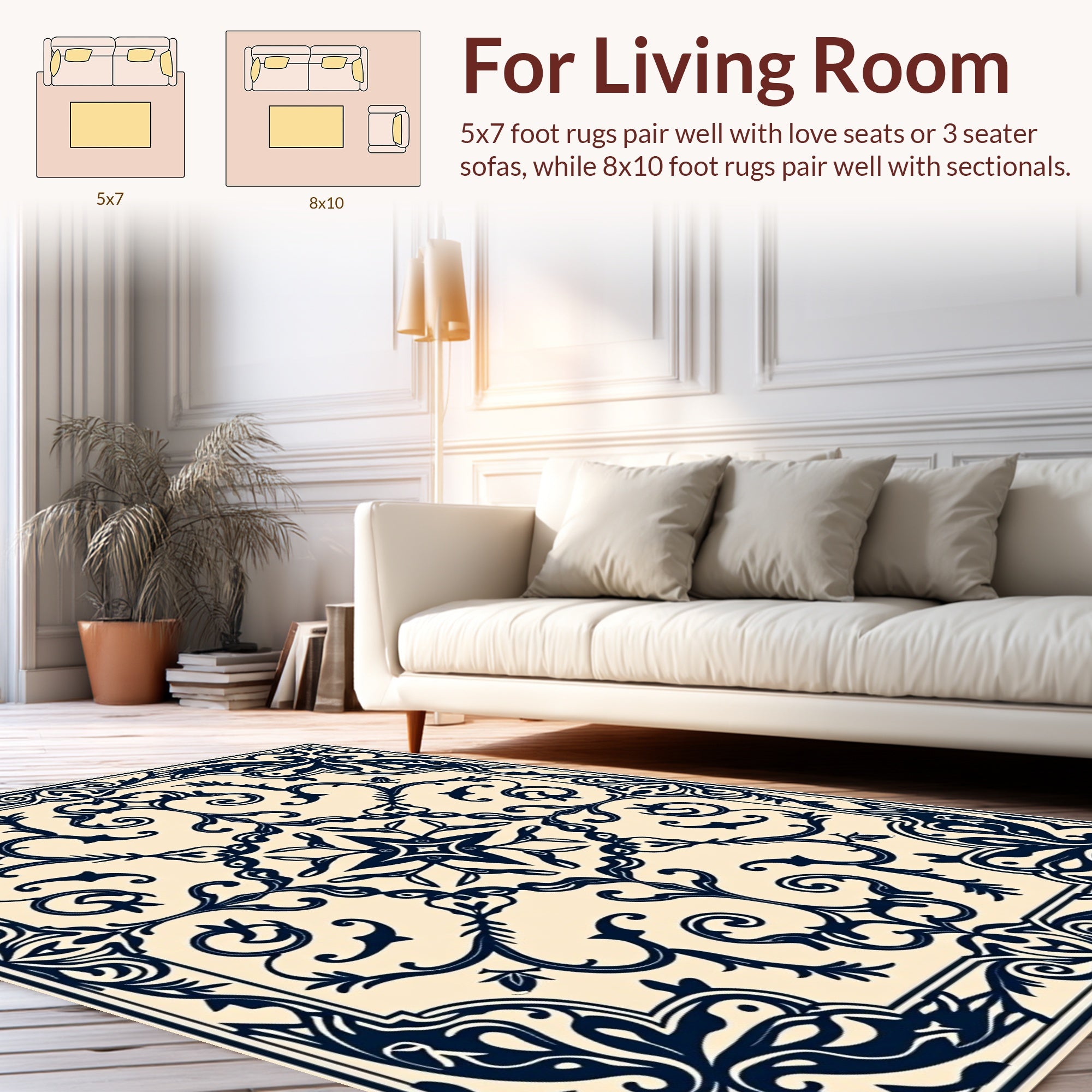 Classic Dark Blue Swirl Floral Pattern Rug
