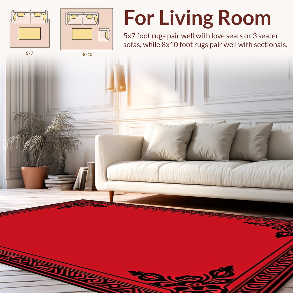 Crimson Red with Black Floral Patterned Border Rug