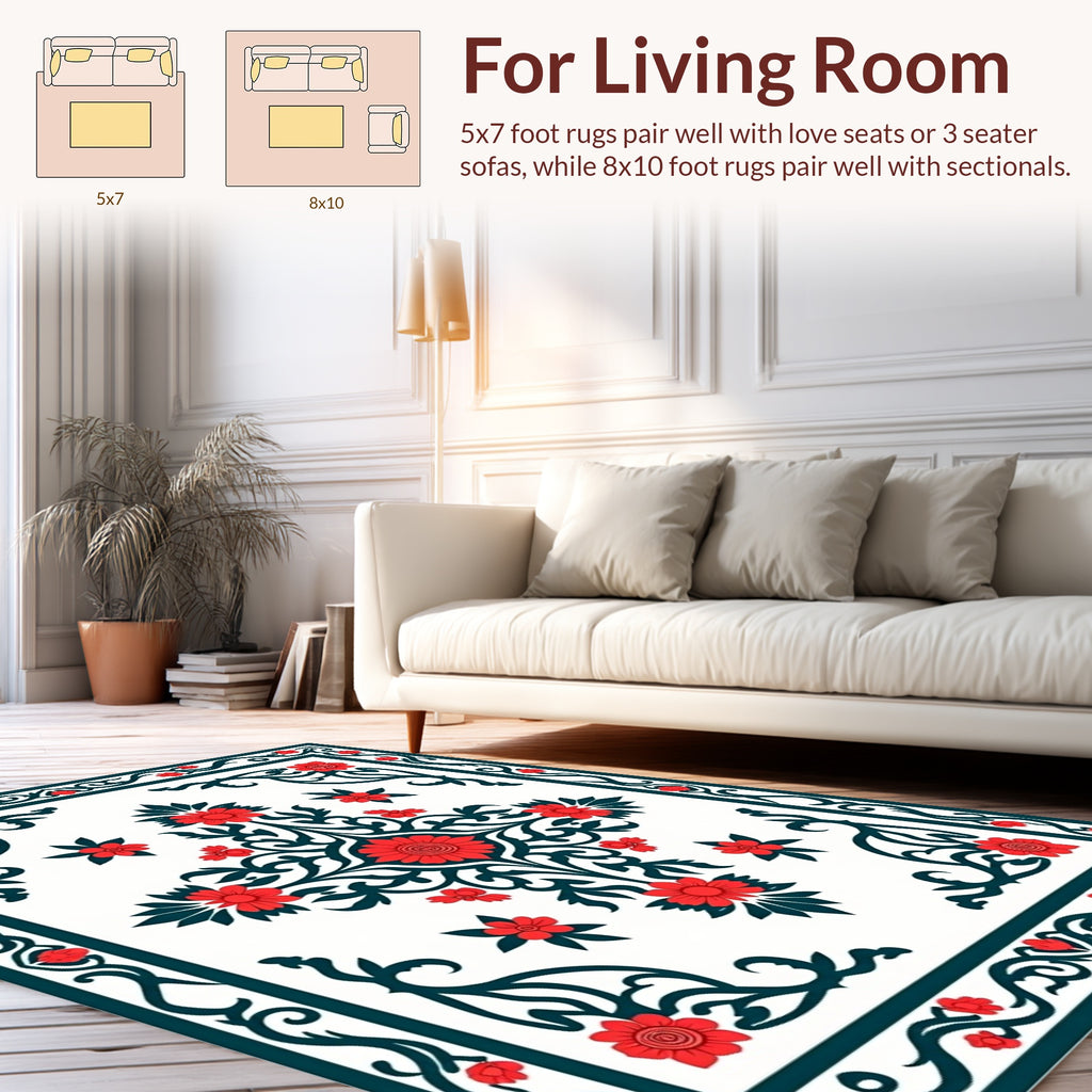 Red Floral Scrollwork Inlay Design Rug