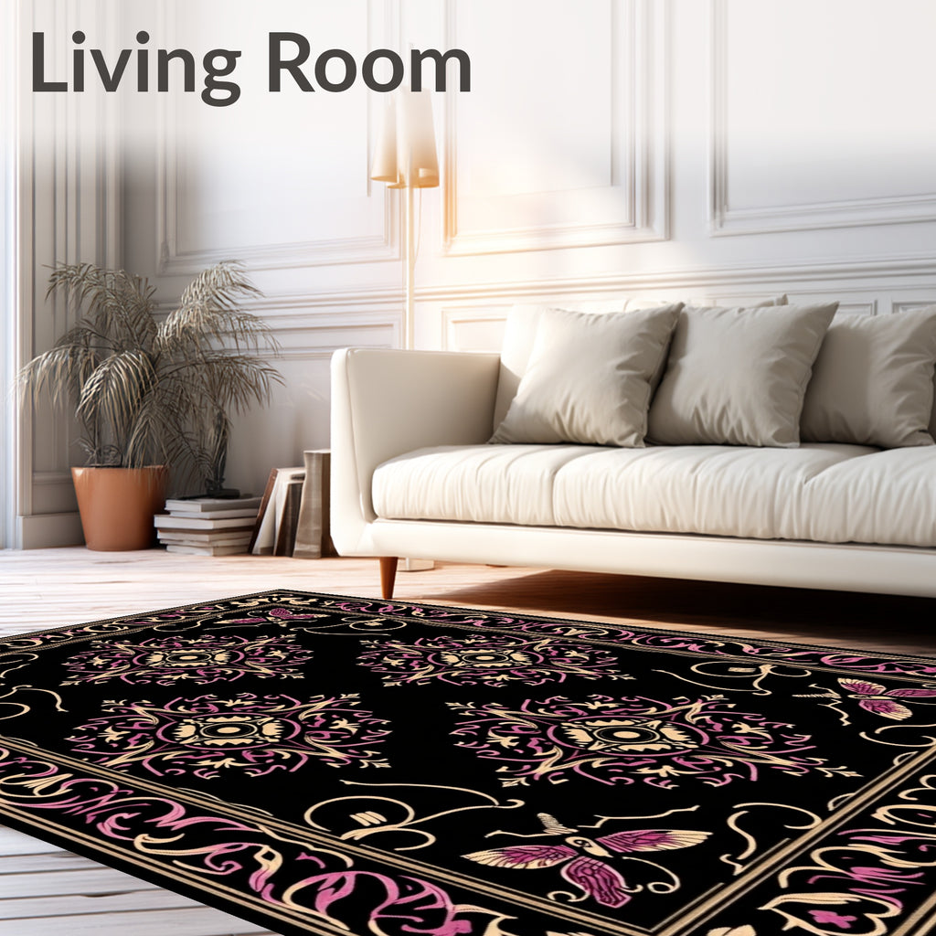 Ornate Black Floral Butterfly Medallions Rug