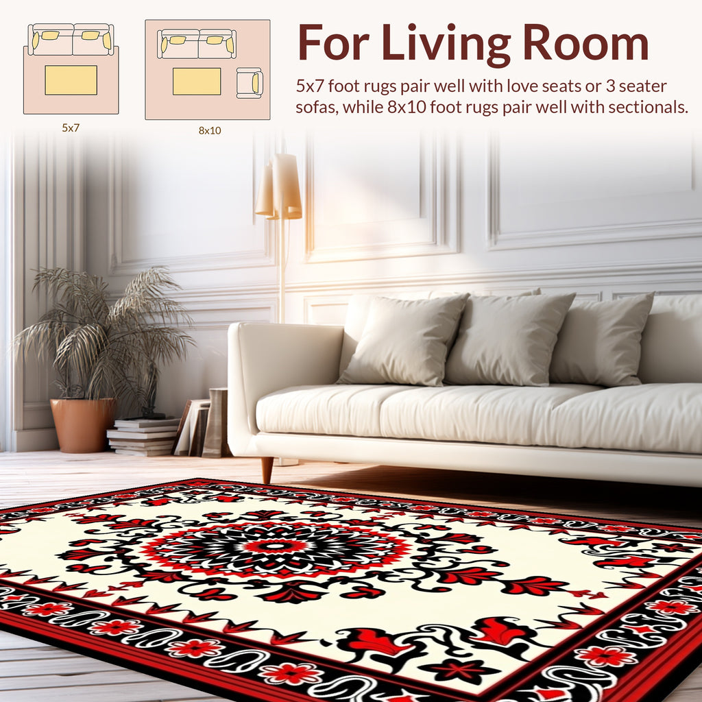 Intricate Red Black Mandala Floral Rug