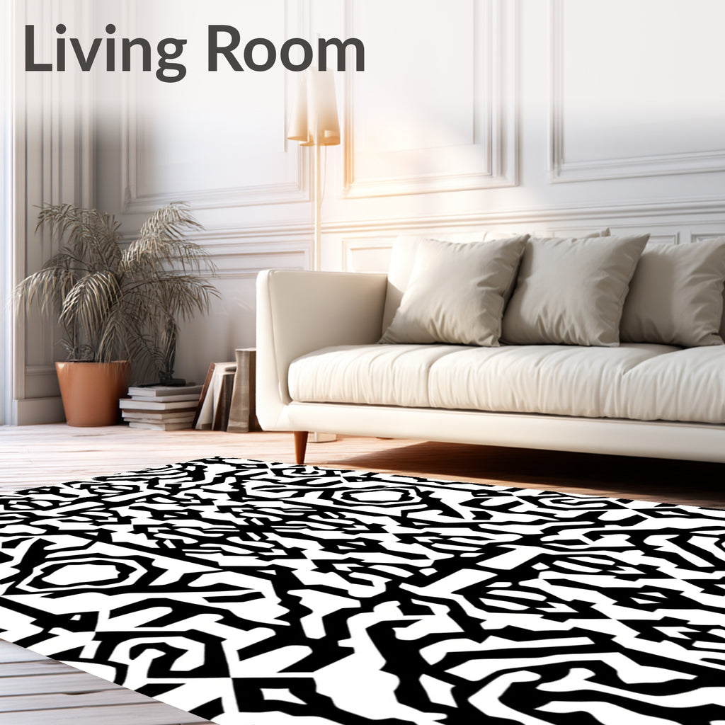 Bold Black White Abstract Maze Design Rug
