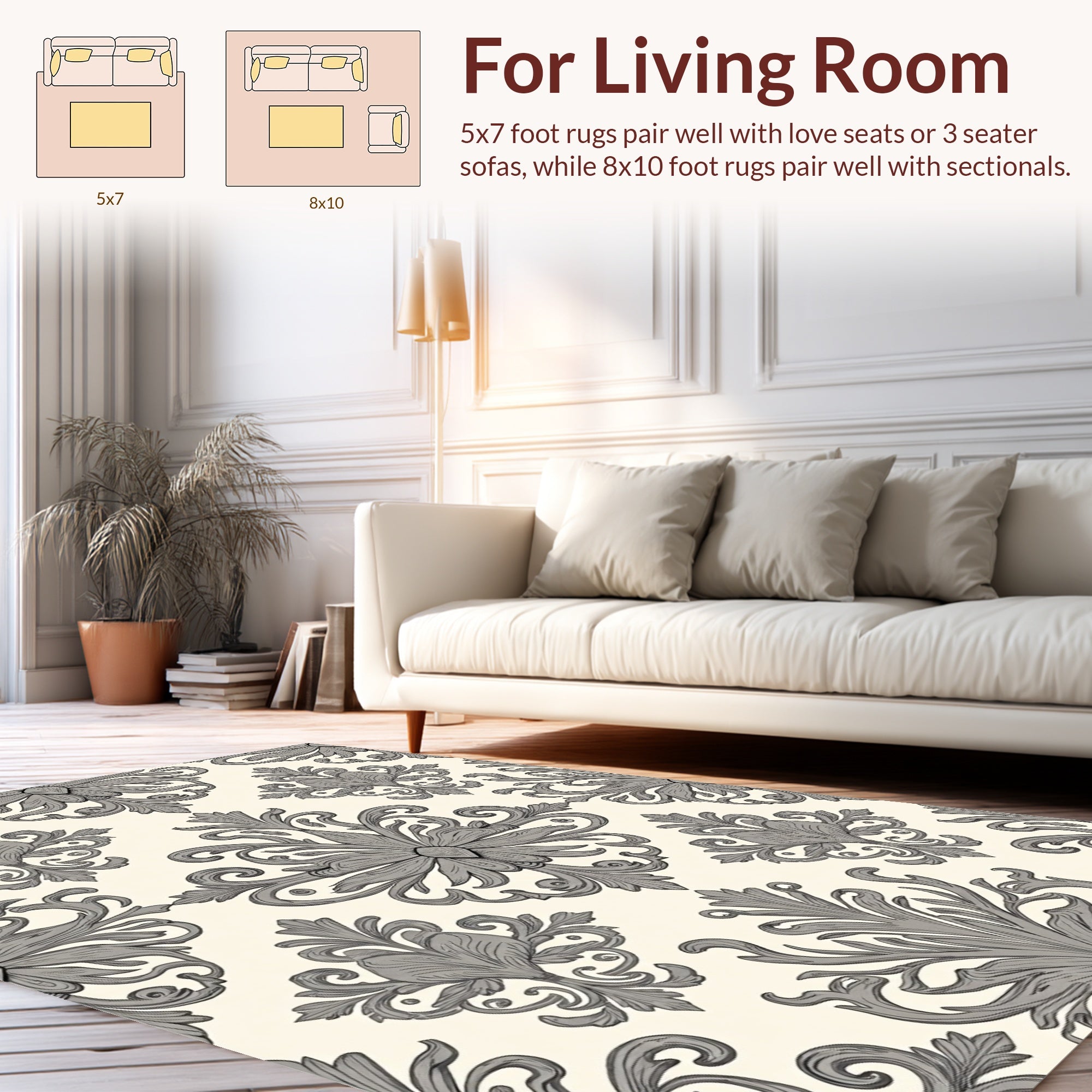 Elegant Gray Damask Floral Pattern Rug