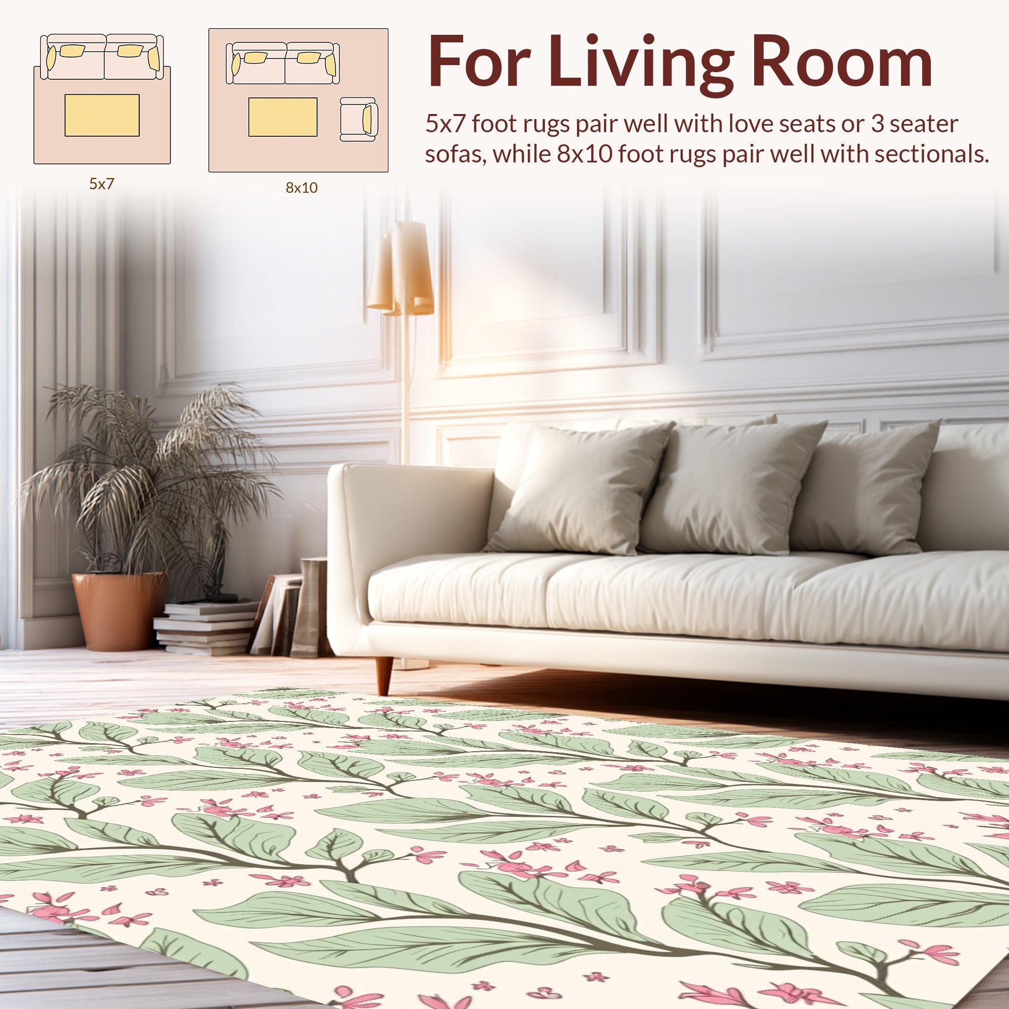 Botanical Leaf and Flower Pattern Rug