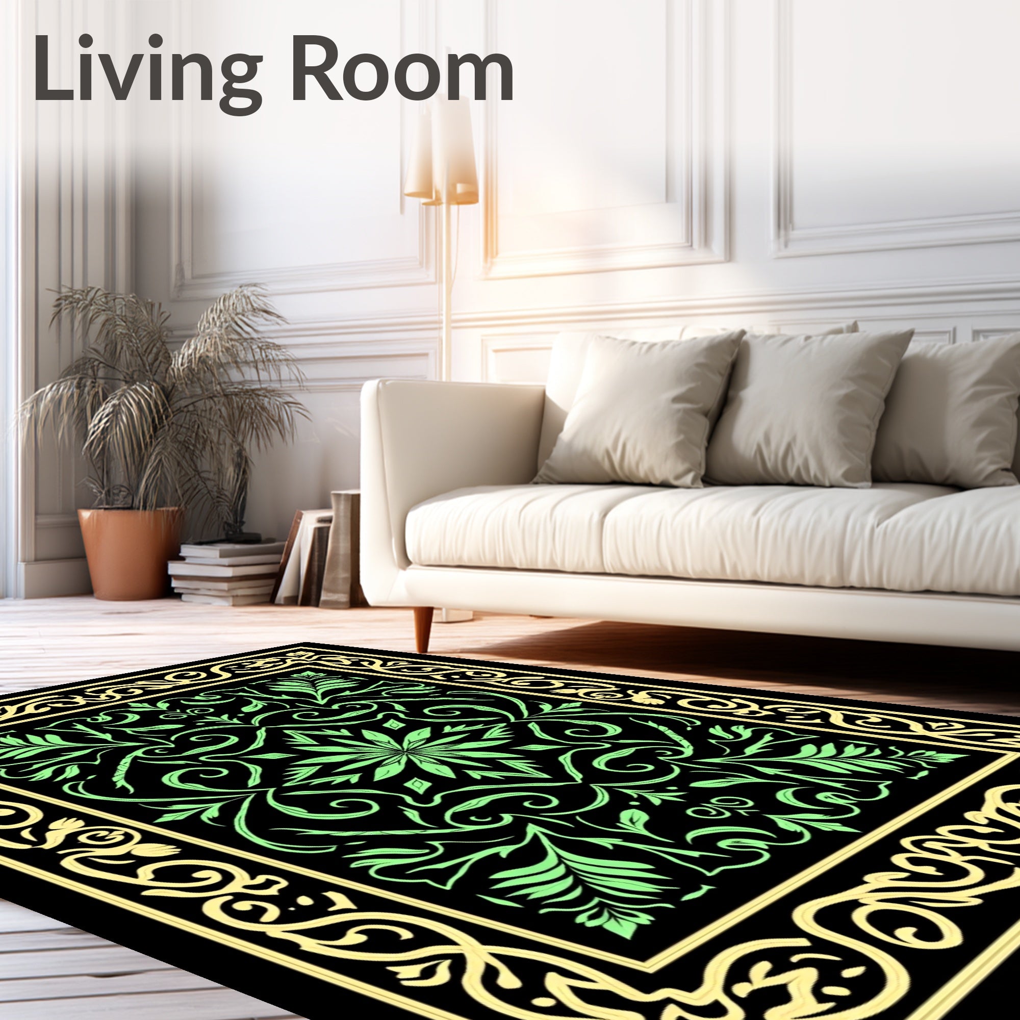 Emerald Green Floral Scroll Frame Rug