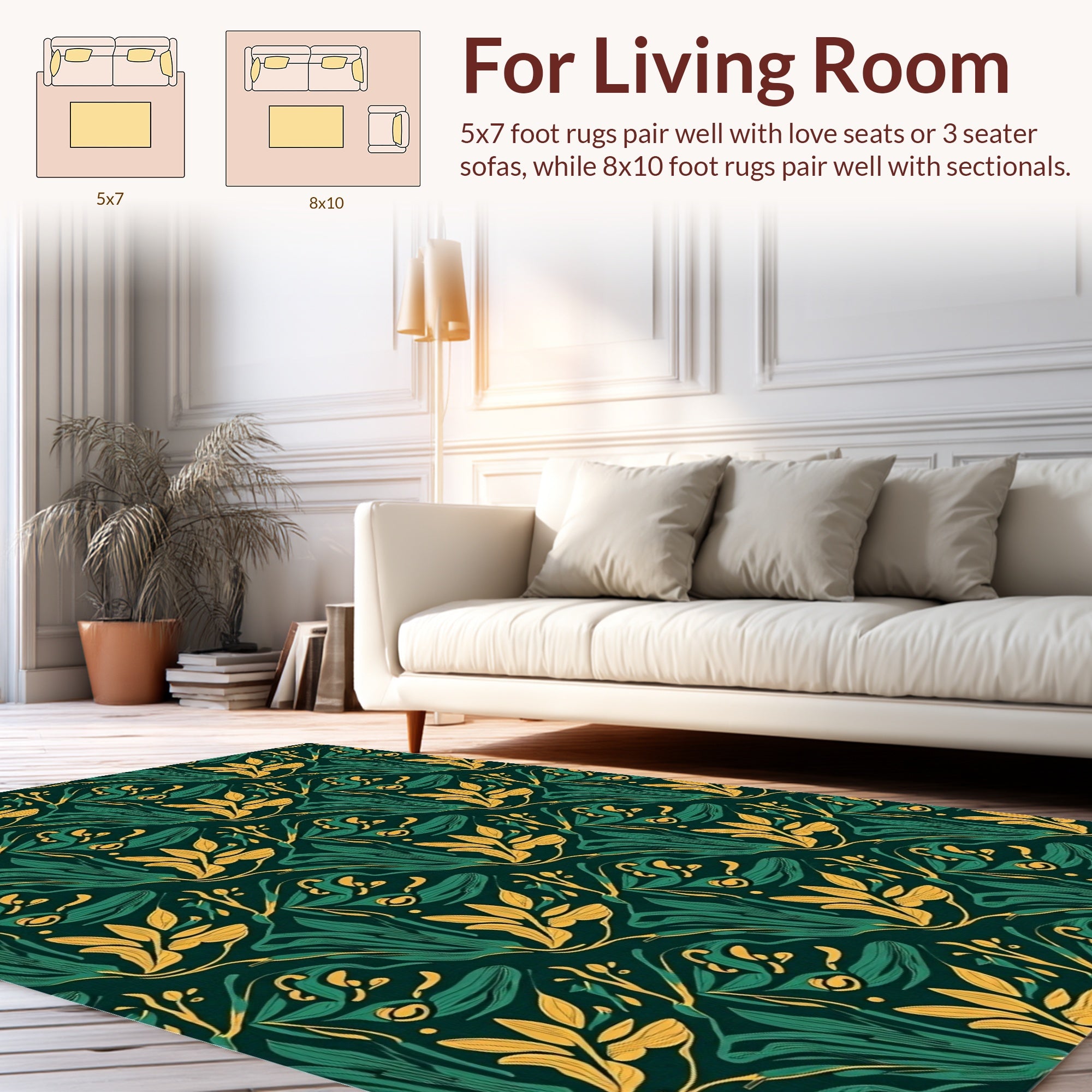 Lush Emerald Gold Floral Pattern Rug