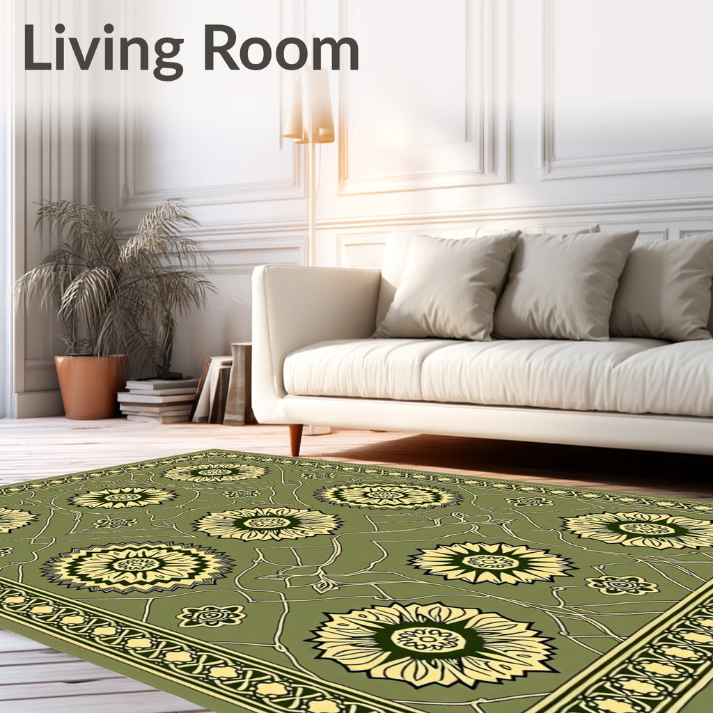 Olive Green Floral Medallion Border Rug