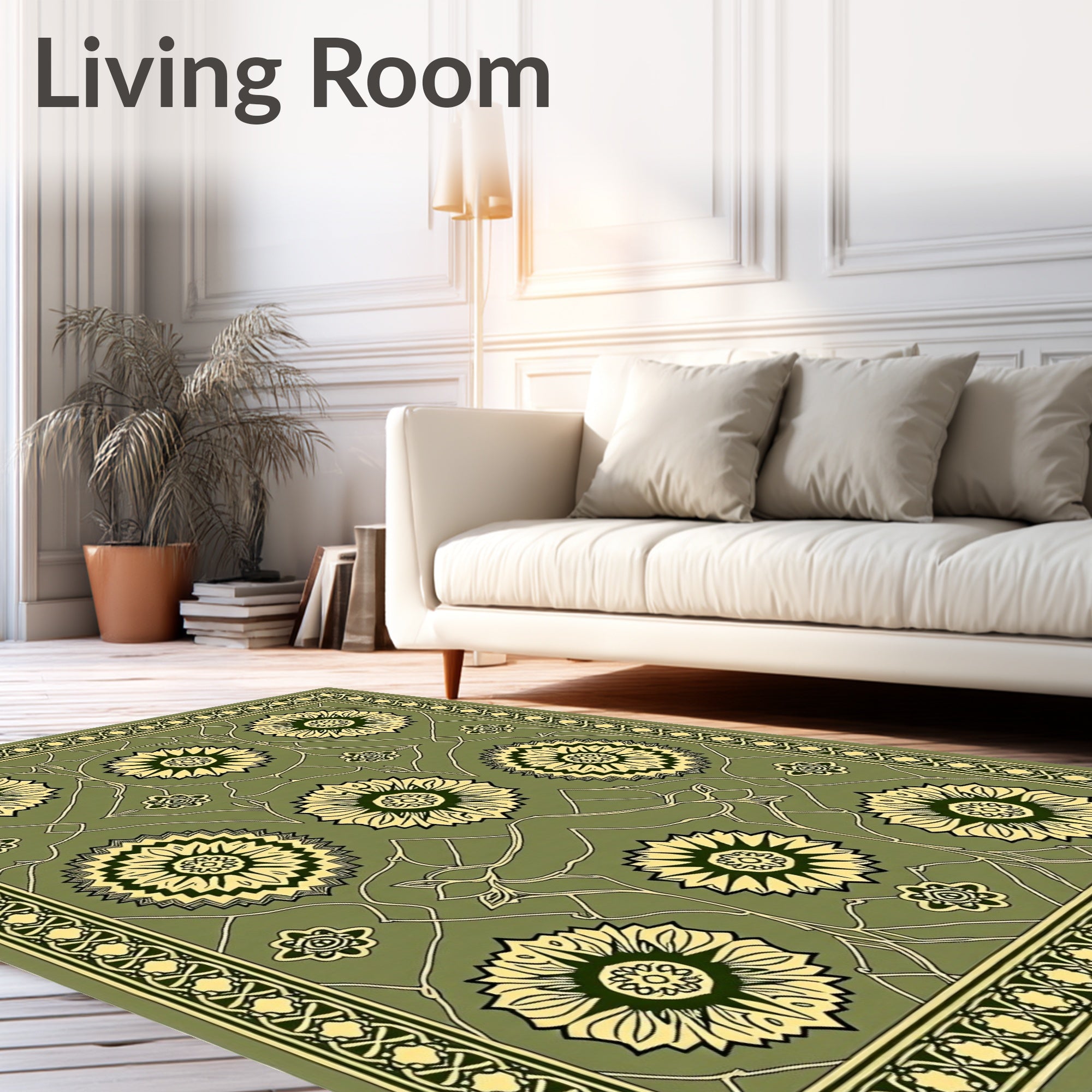 Olive Green Floral Medallion Border Rug