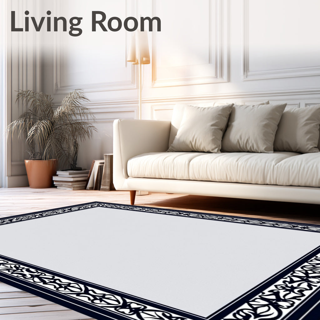 Ornate Black Floral Scroll Border Rug
