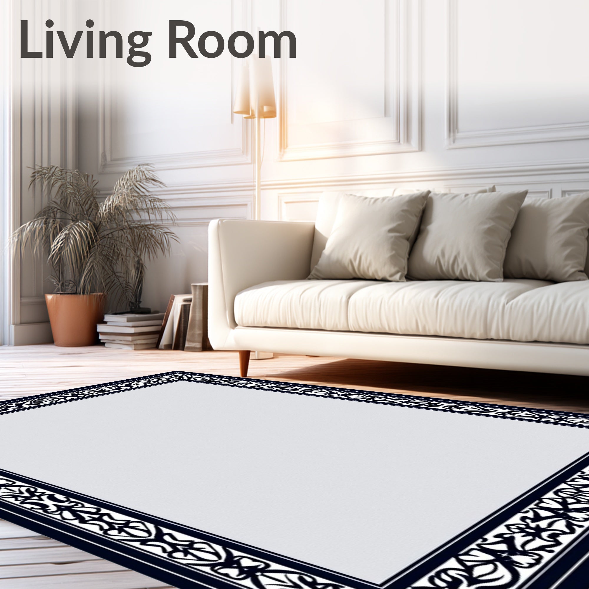Ornate Black Floral Scroll Border Rug