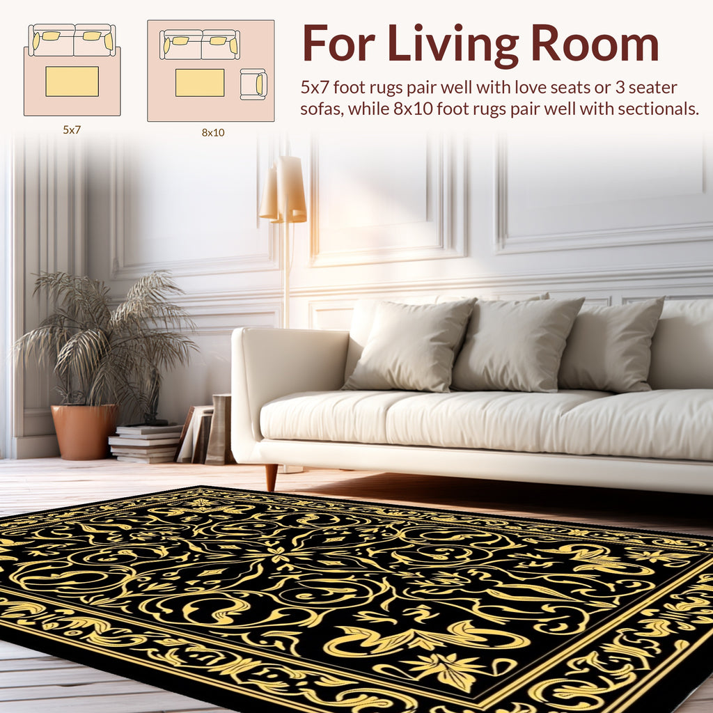 Black Gold Classic Floral Damask Rug