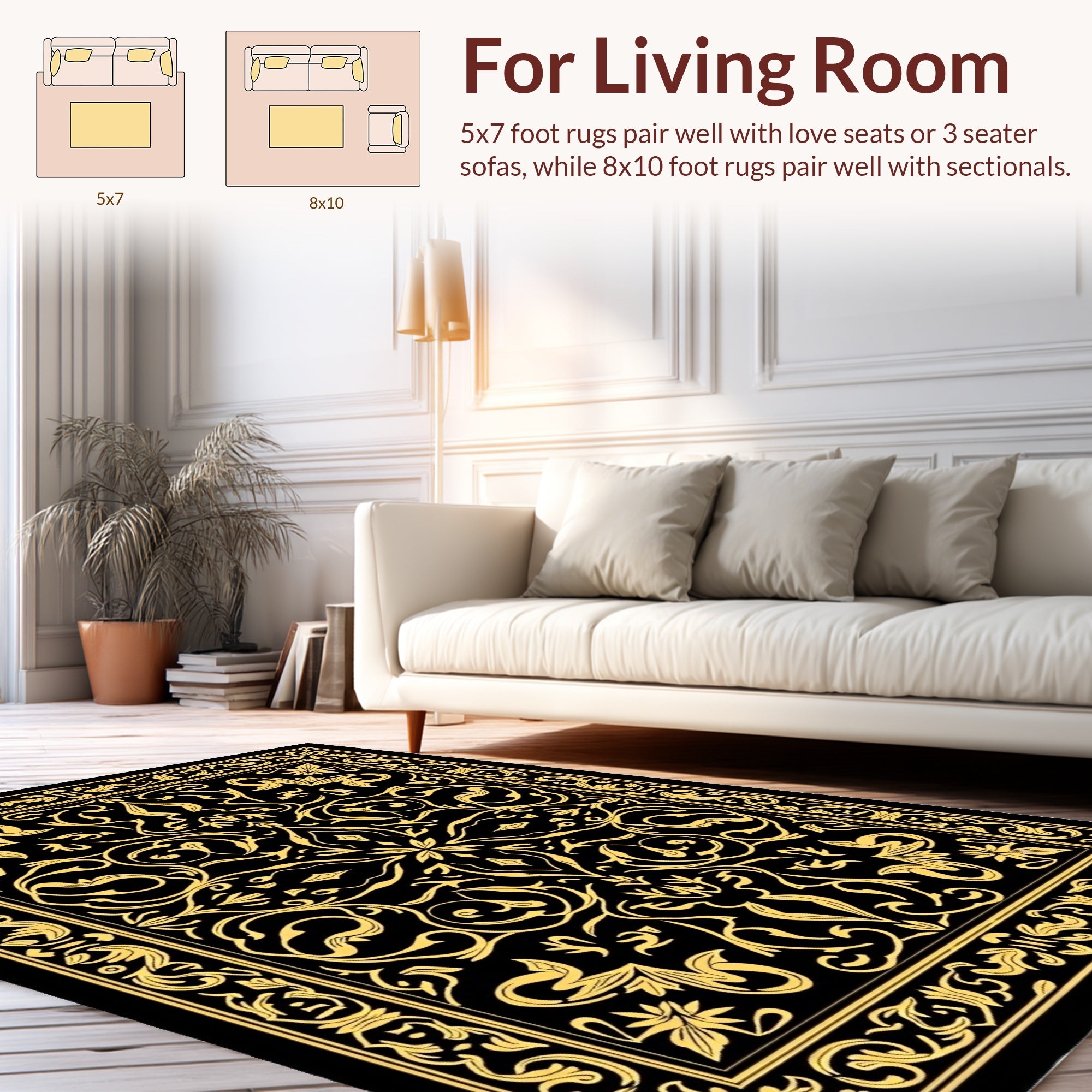 Black Gold Classic Floral Damask Rug