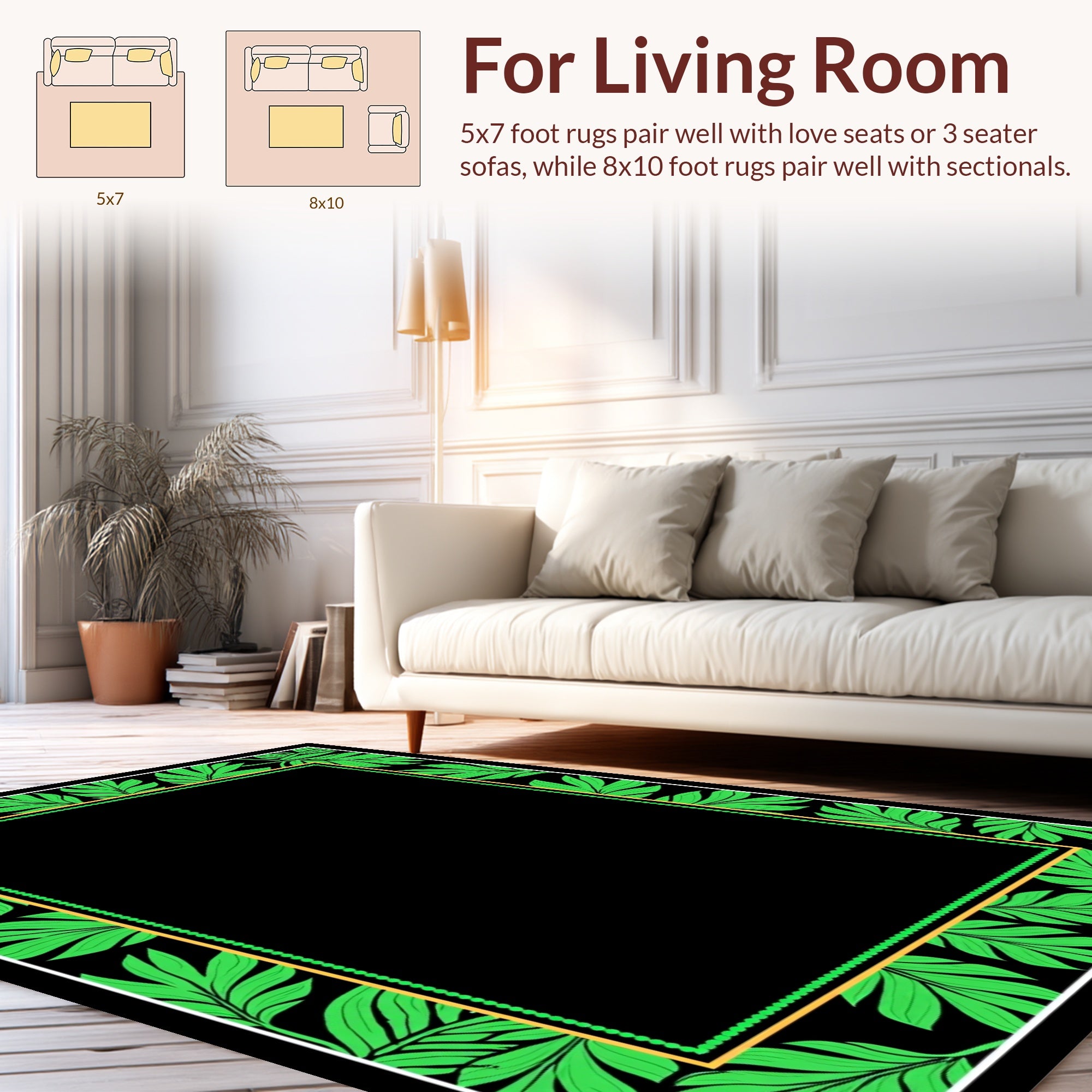 Green Leaf Bordered Black Pattern Rug