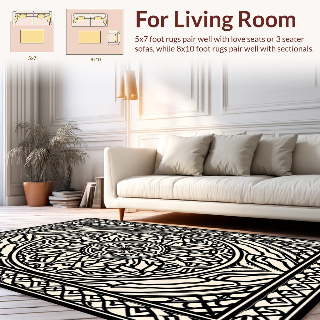 Intricate Black and Cream Mandala Design Rug
