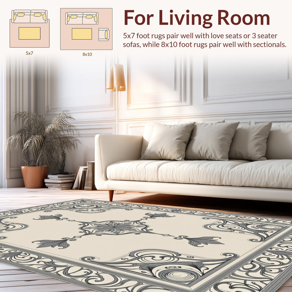 Elegant Floral Scrollwork Frame Rug