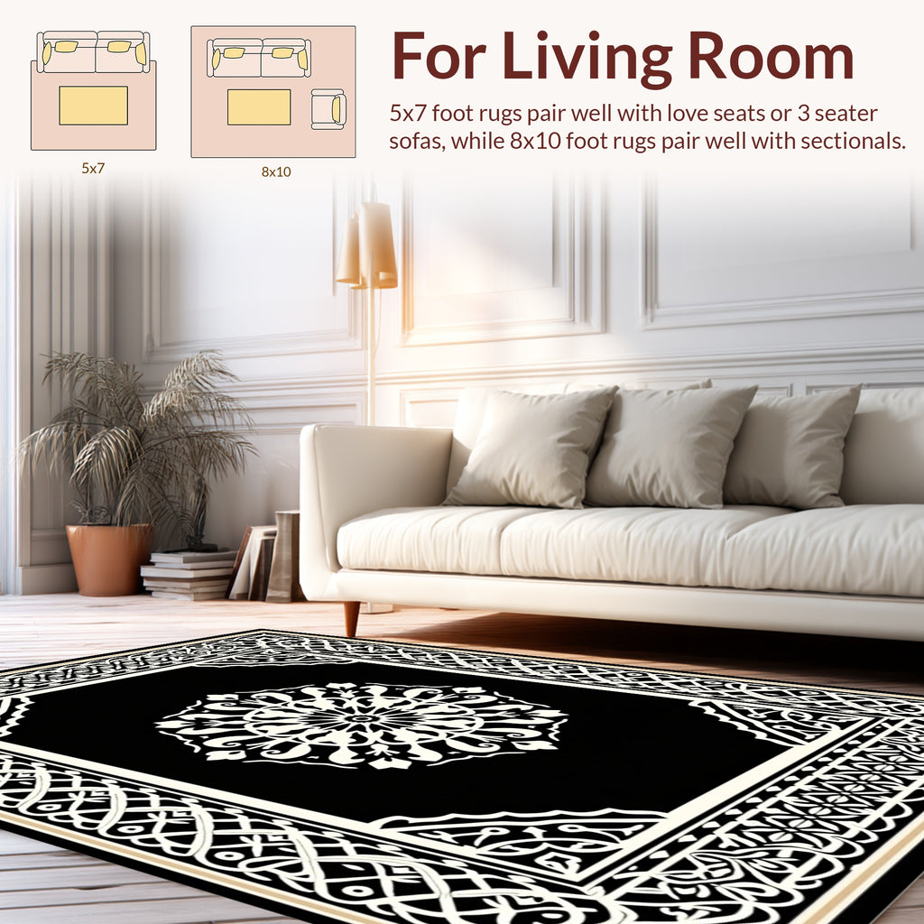 Intricate Black White Floral Mandala Pattern Rug