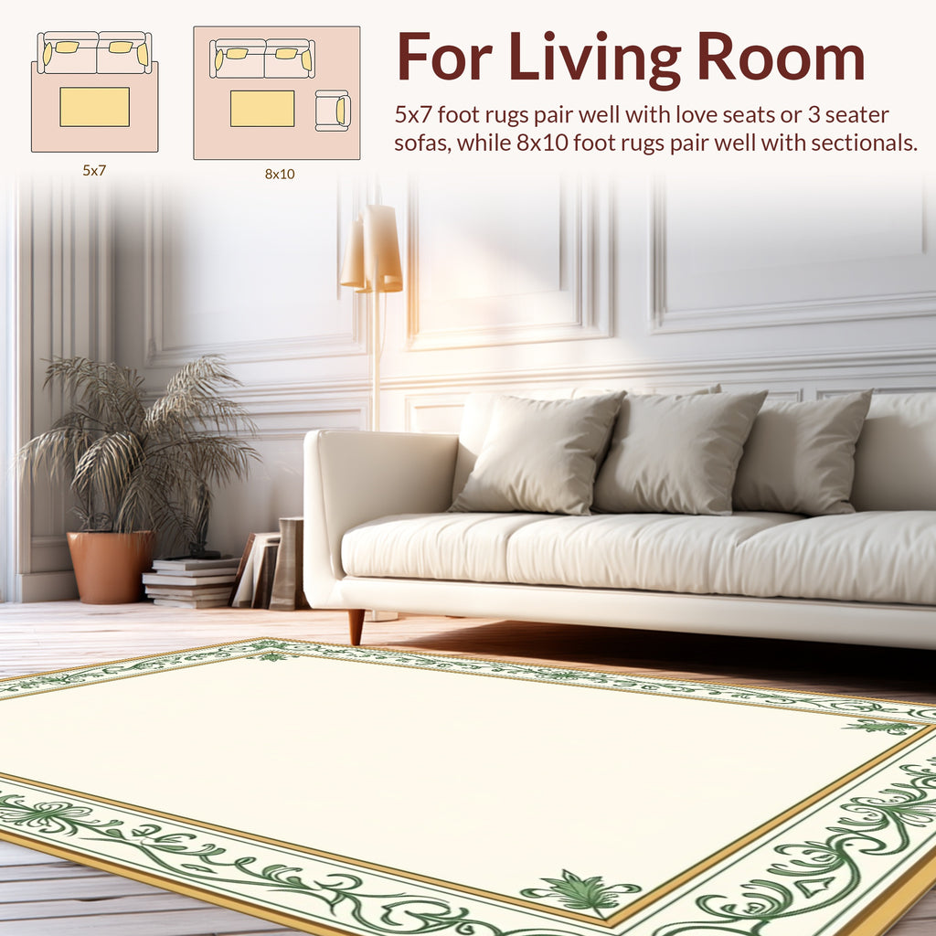 Ornate Green Golden Floral Scroll Design Rug