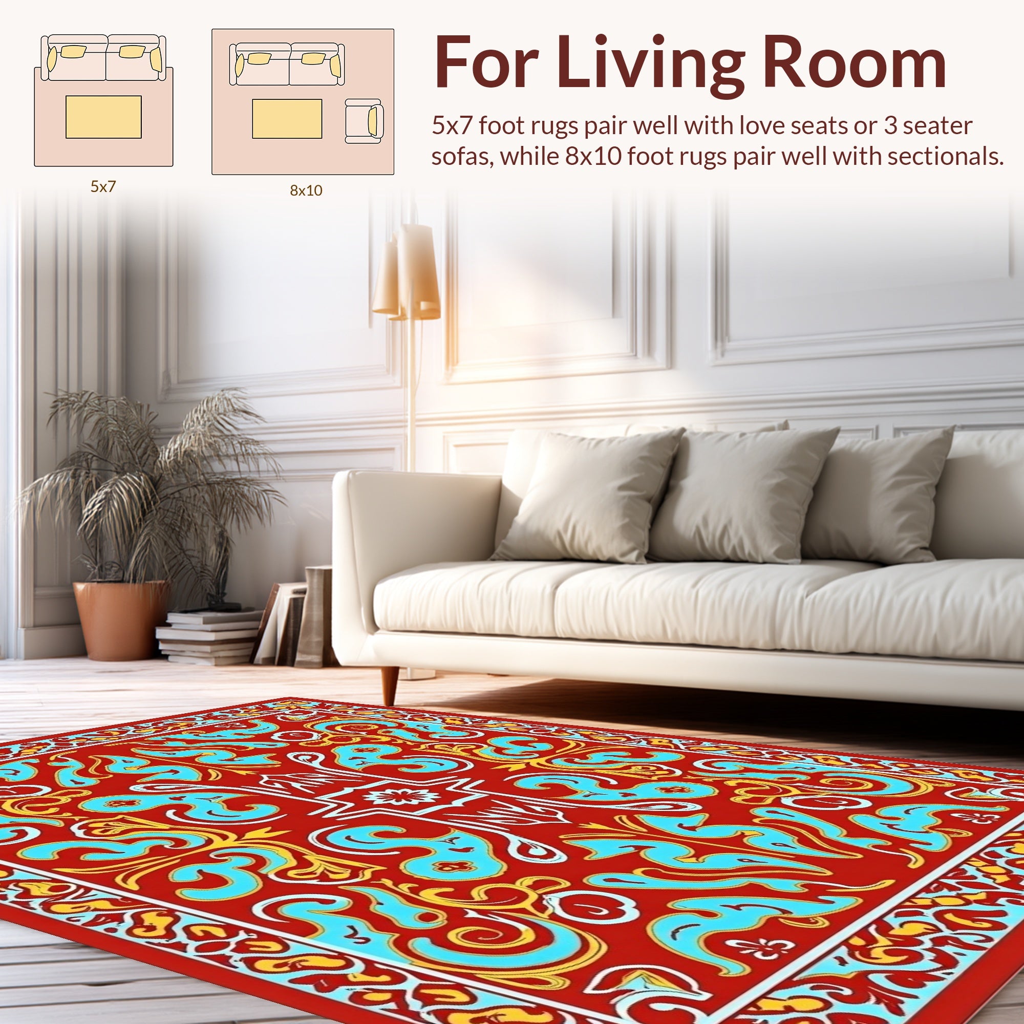 Red Blue Gold Floral Pattern Rug