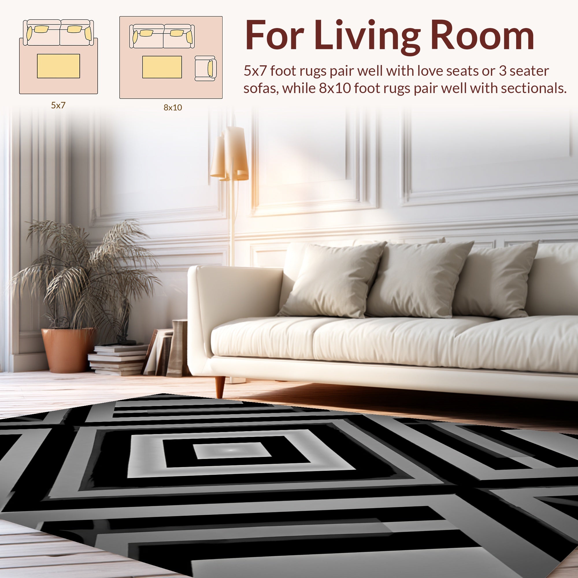 Monochrome Geometric Square Pattern Rug