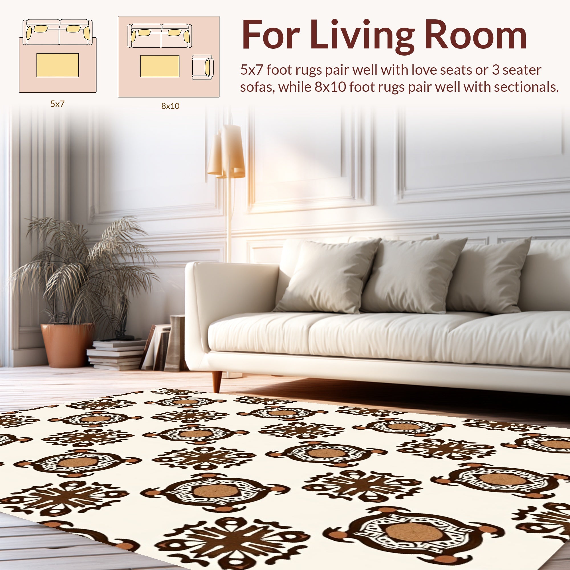Geometric Brown White Floral Pattern Rug