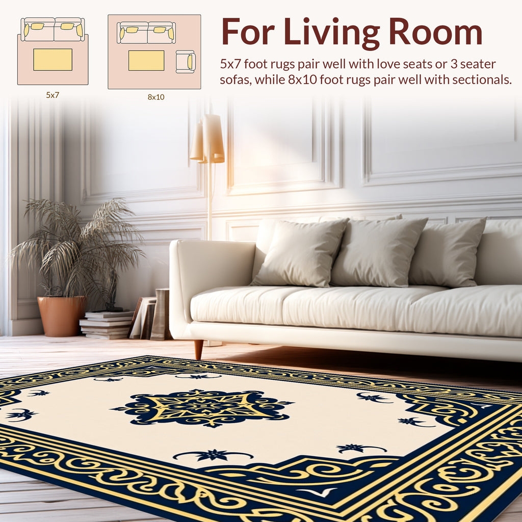 Navy Gold Intricate Floral Scroll Rug