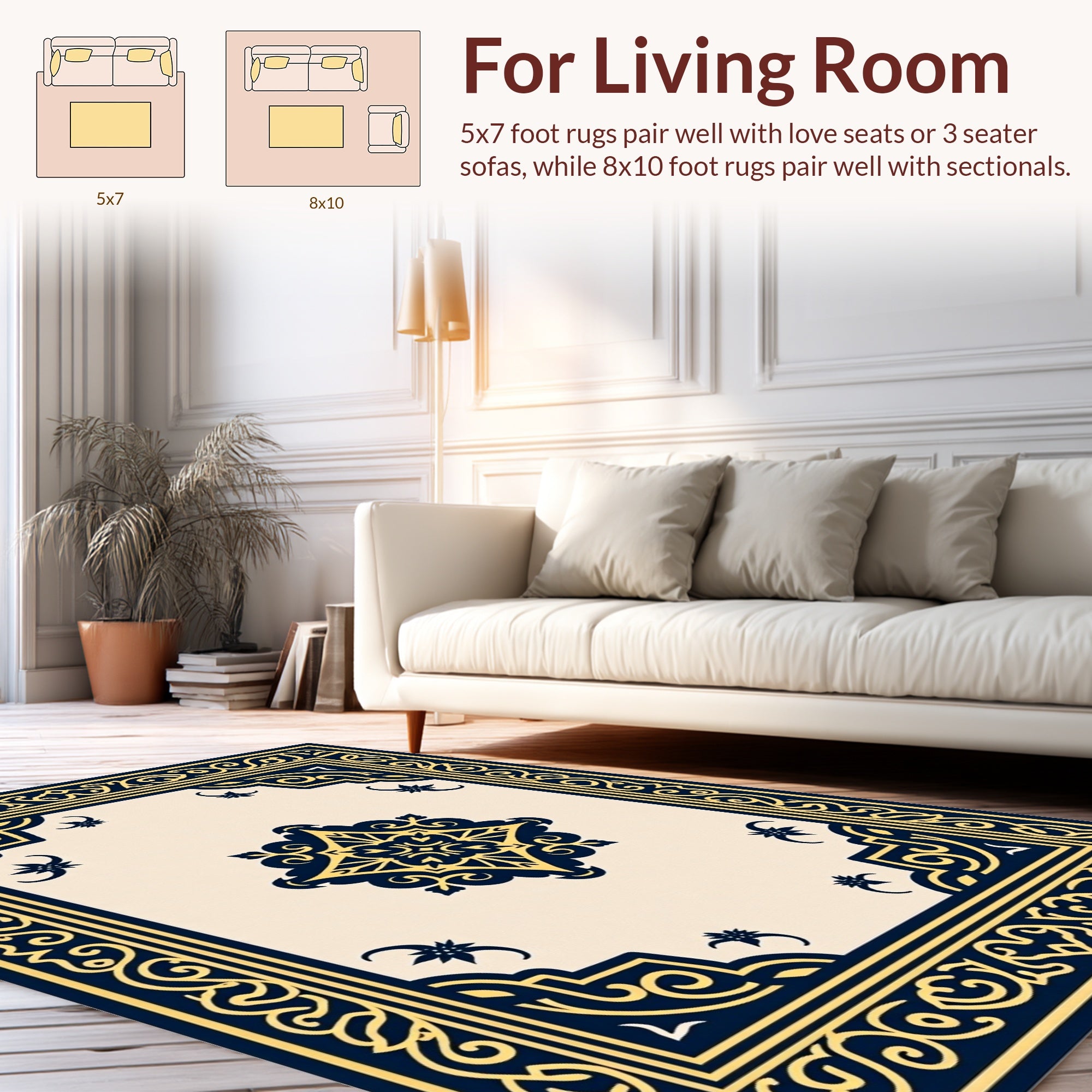 Navy Gold Intricate Floral Scroll Rug