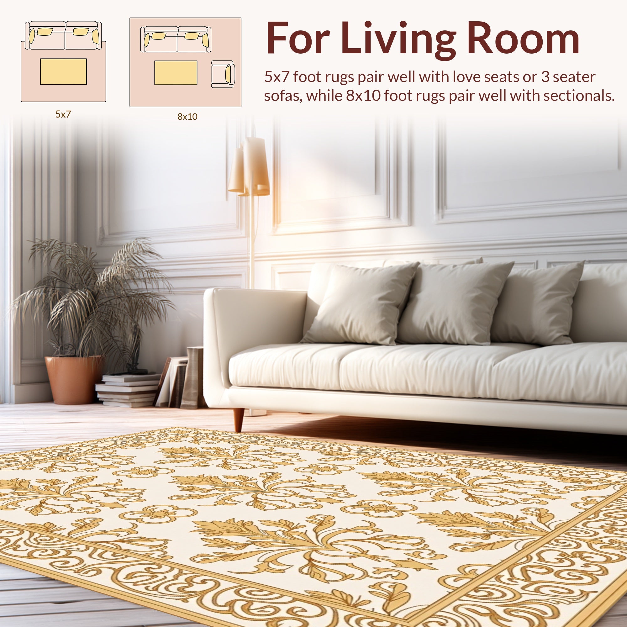 Elegant Gold Damask Scroll Pattern Rug