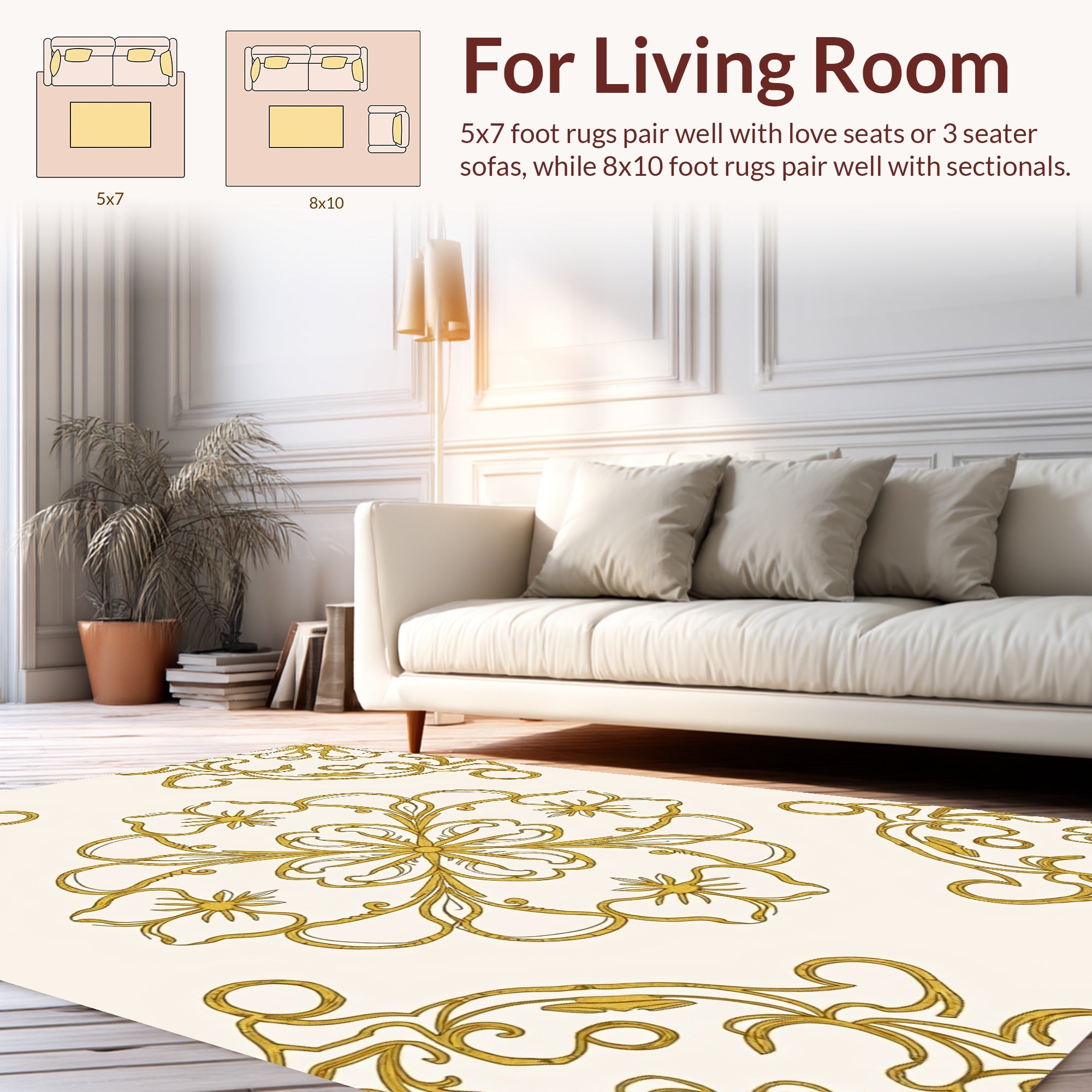Elegant Gold Floral Scroll Pattern Rug
