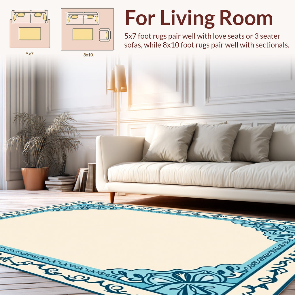 Ornate Blue Floral And Scroll Design Rug