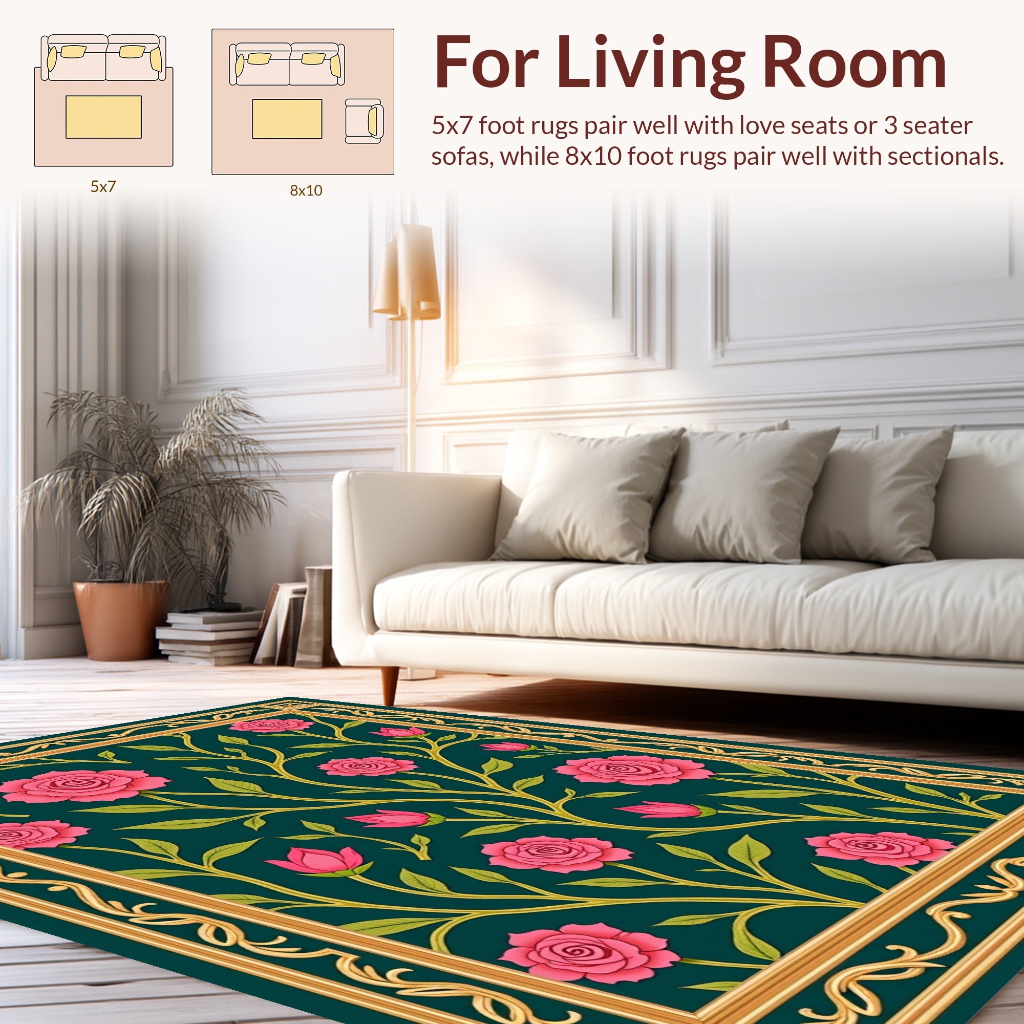 Pink Roses Golden Border Floral Rug