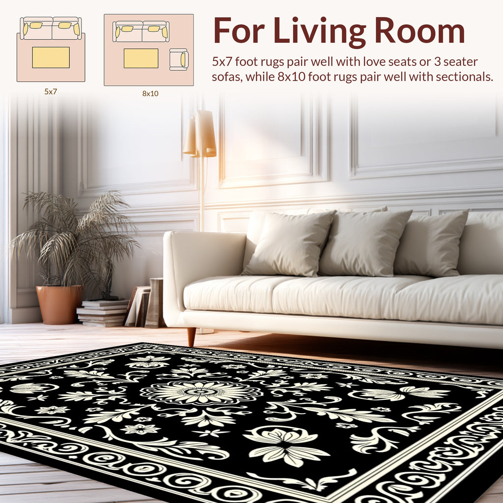 Elegant Black Floral Scrollwork Design Rug