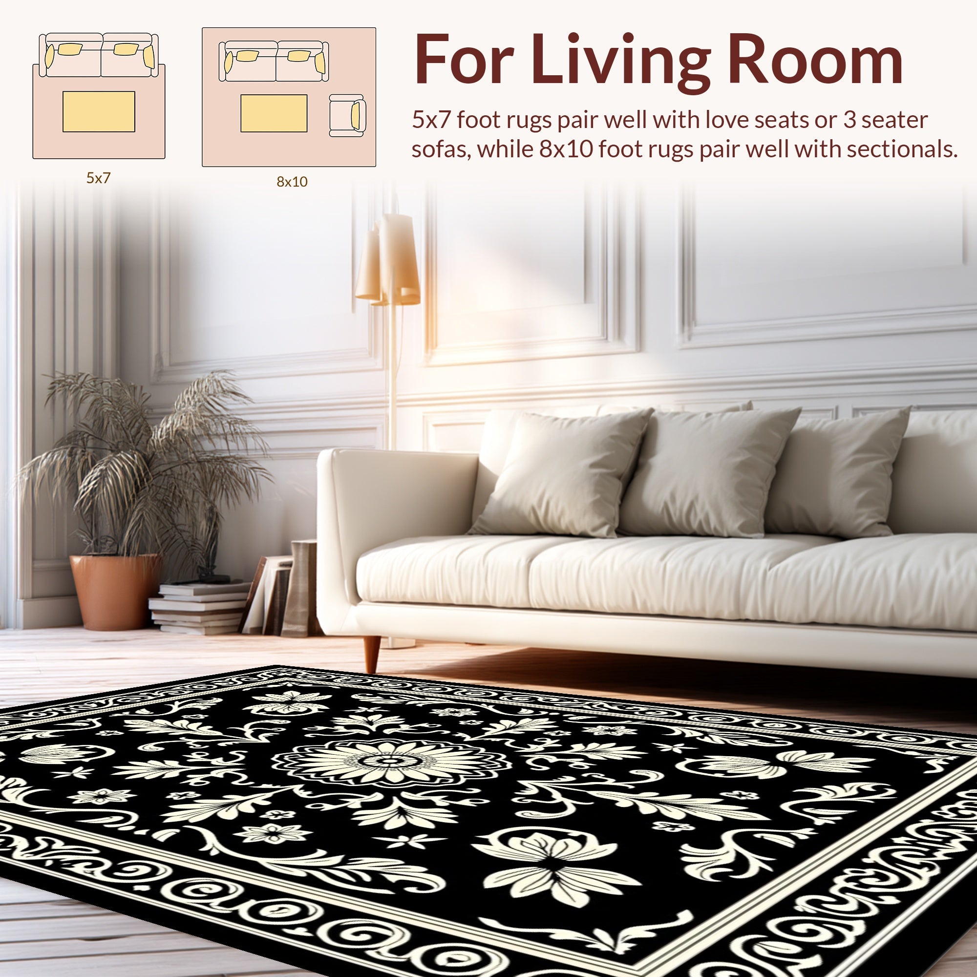 Elegant Black Floral Scrollwork Design Rug