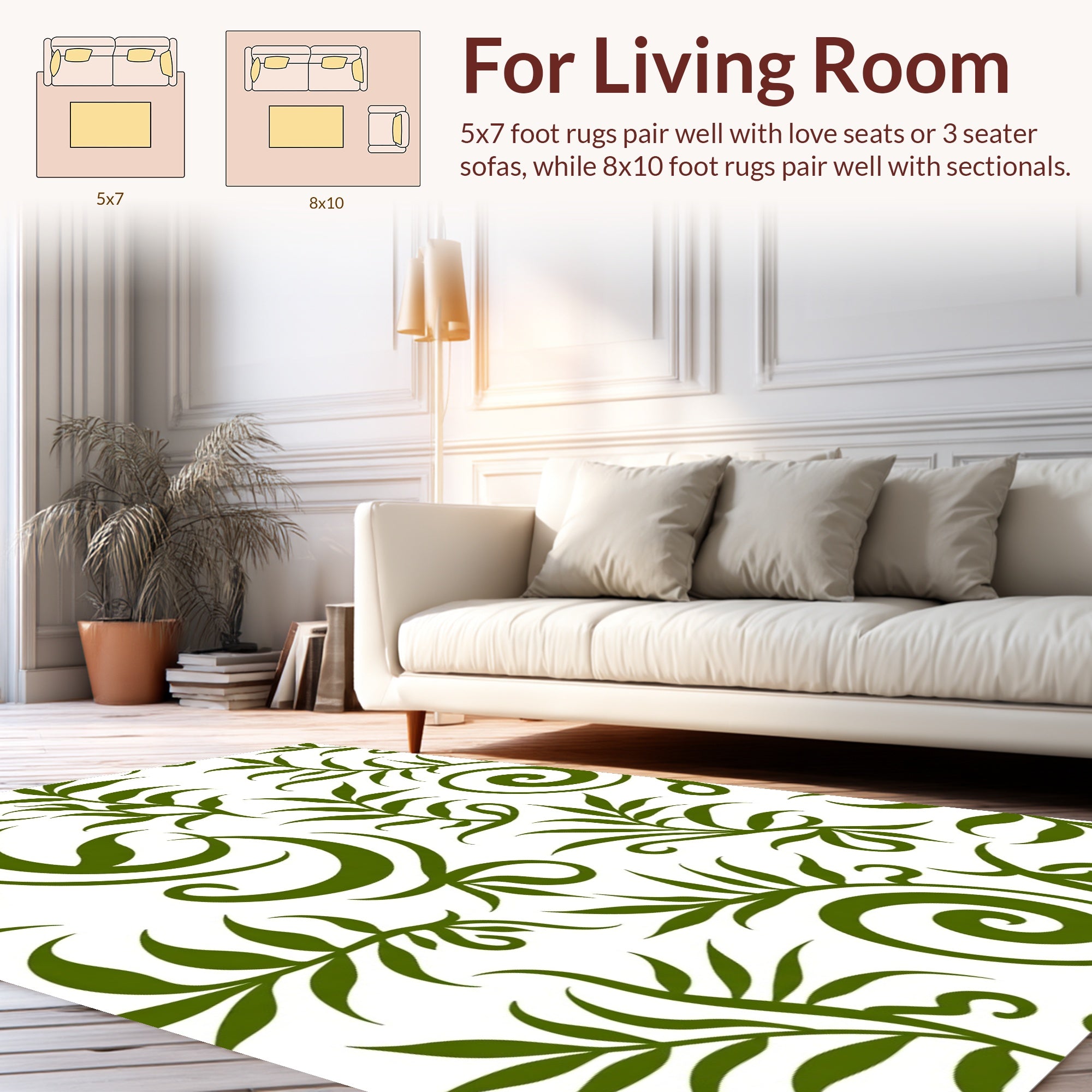 Green Leafy Swirl Floral Pattern Rug